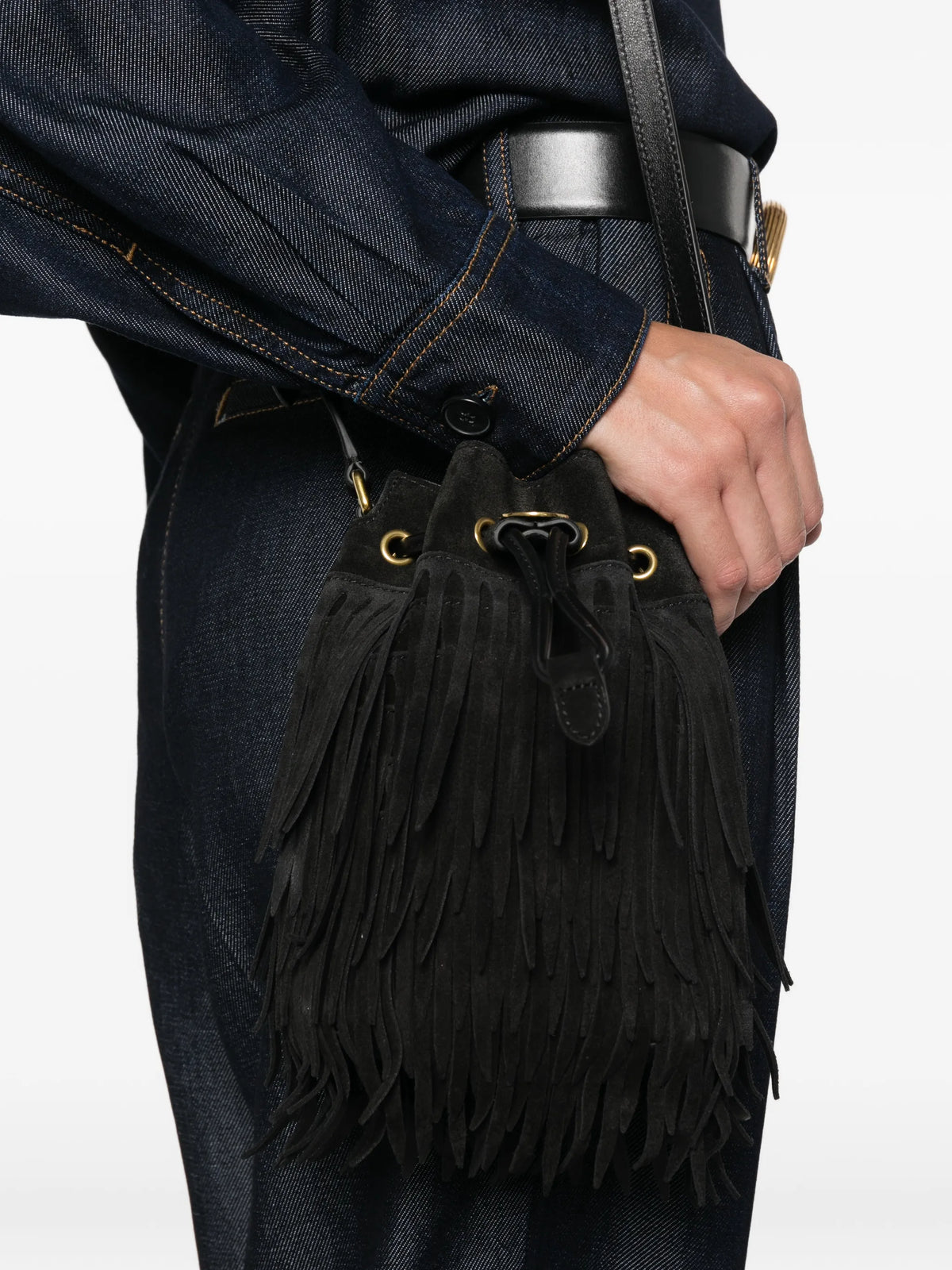 fringed drawstring bucket bag