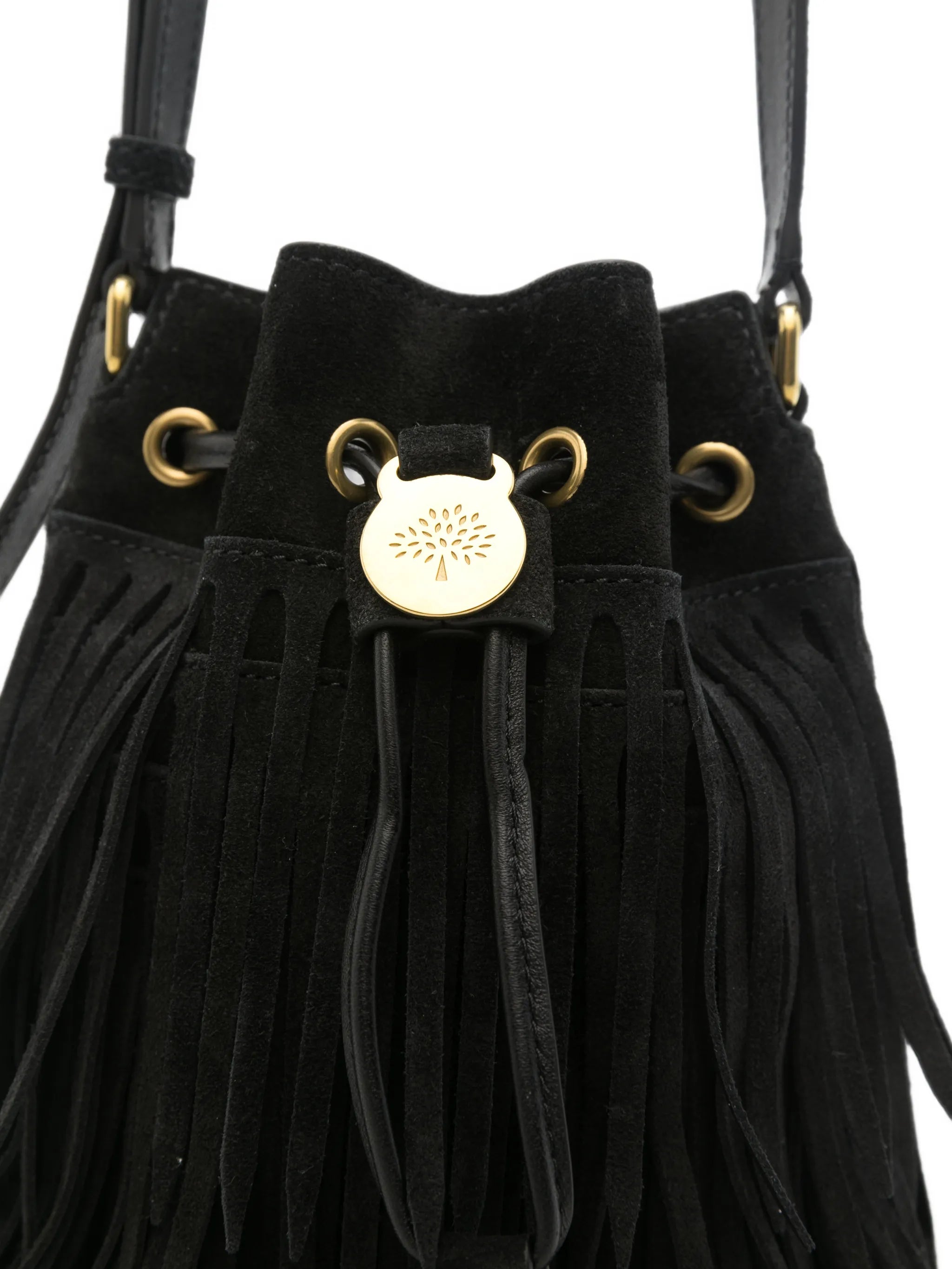fringed drawstring bucket bag