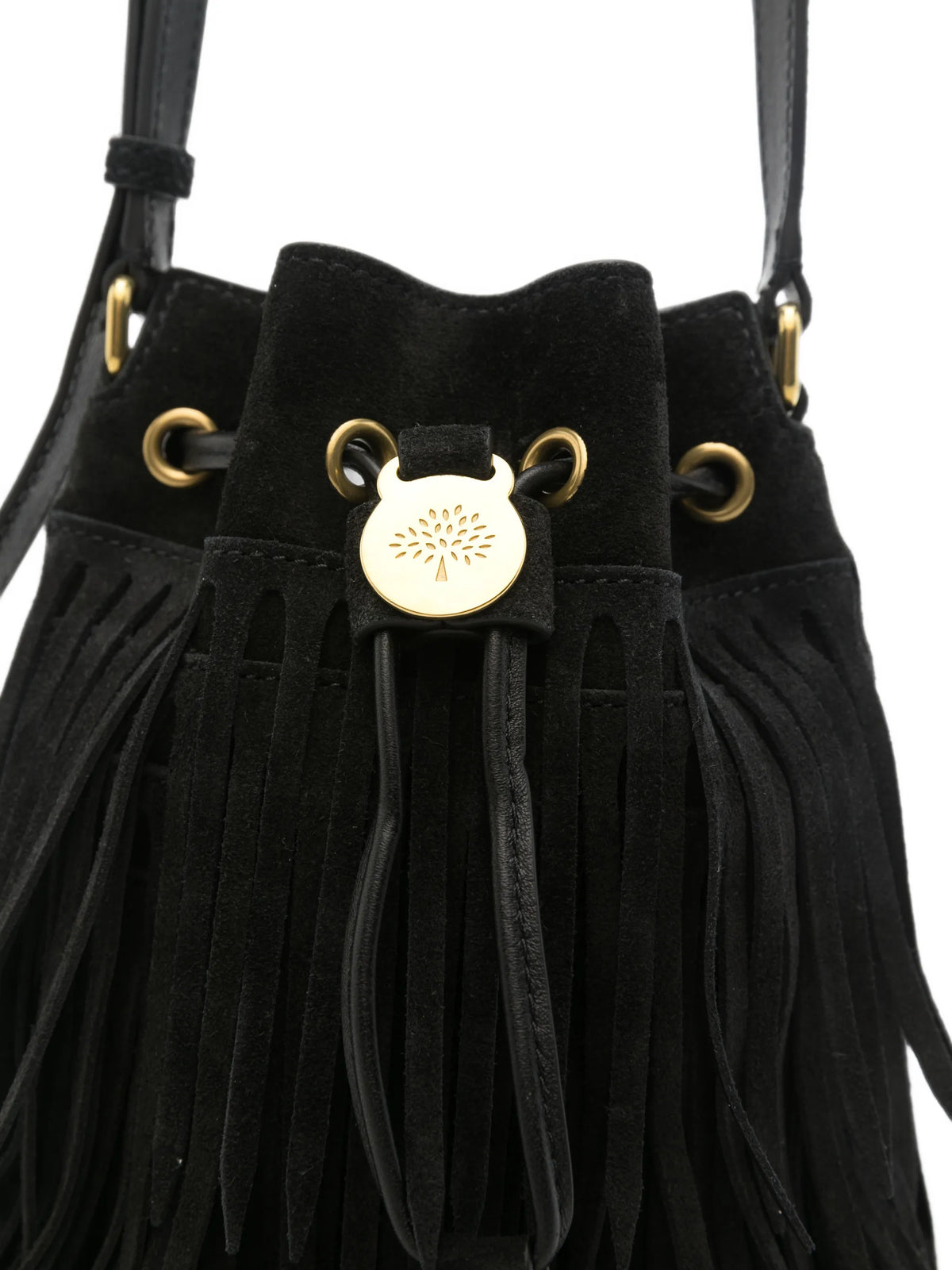 fringed drawstring bucket bag