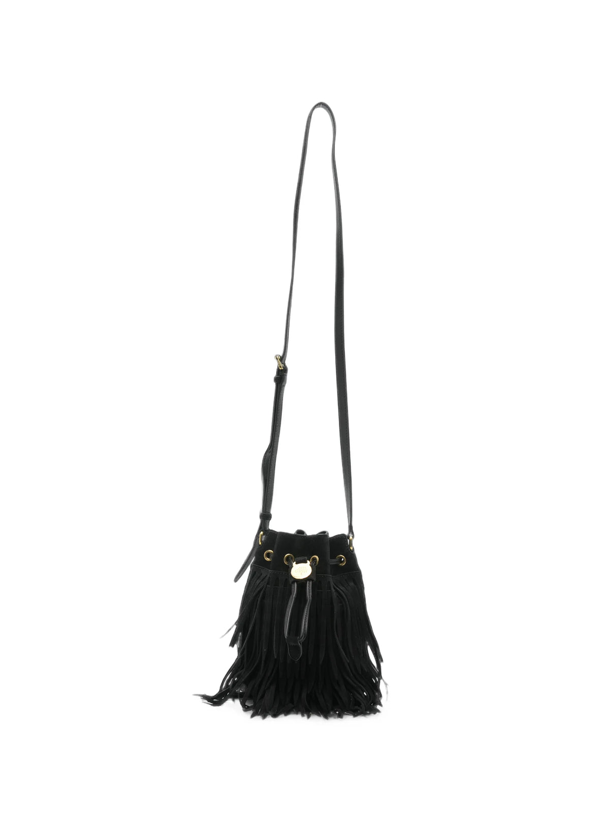 fringed drawstring bucket bag
