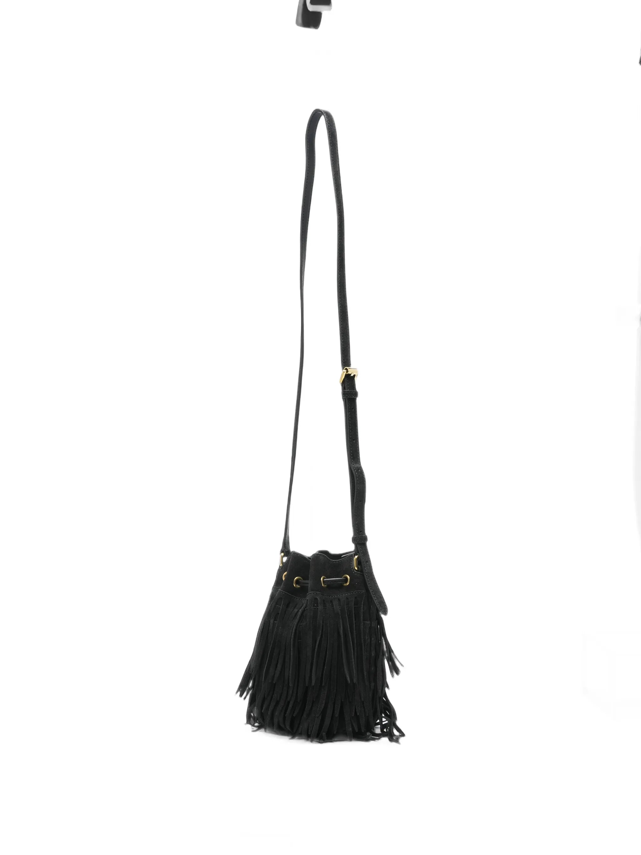 fringed drawstring bucket bag