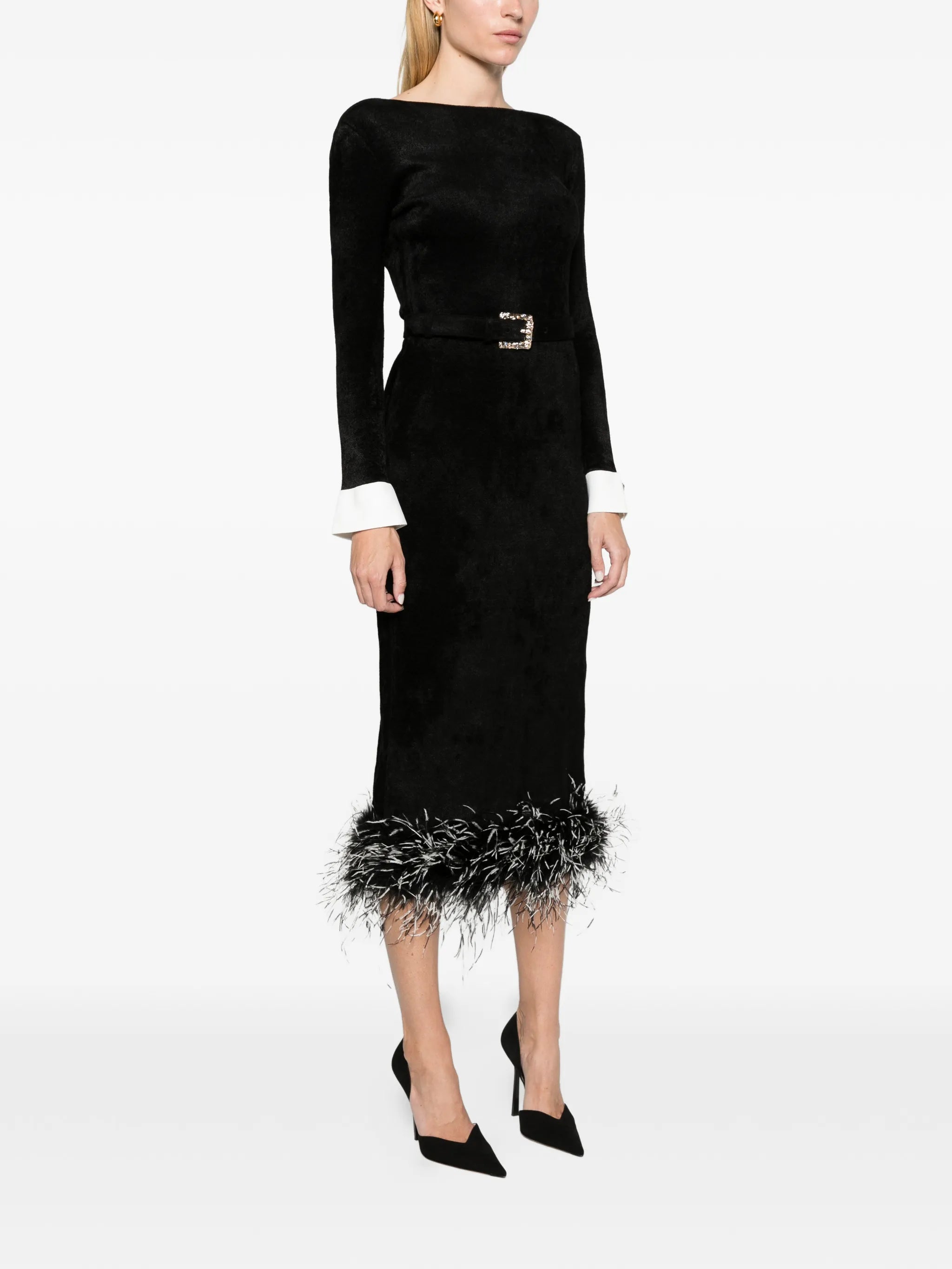 black chenille knit feather midi dress
