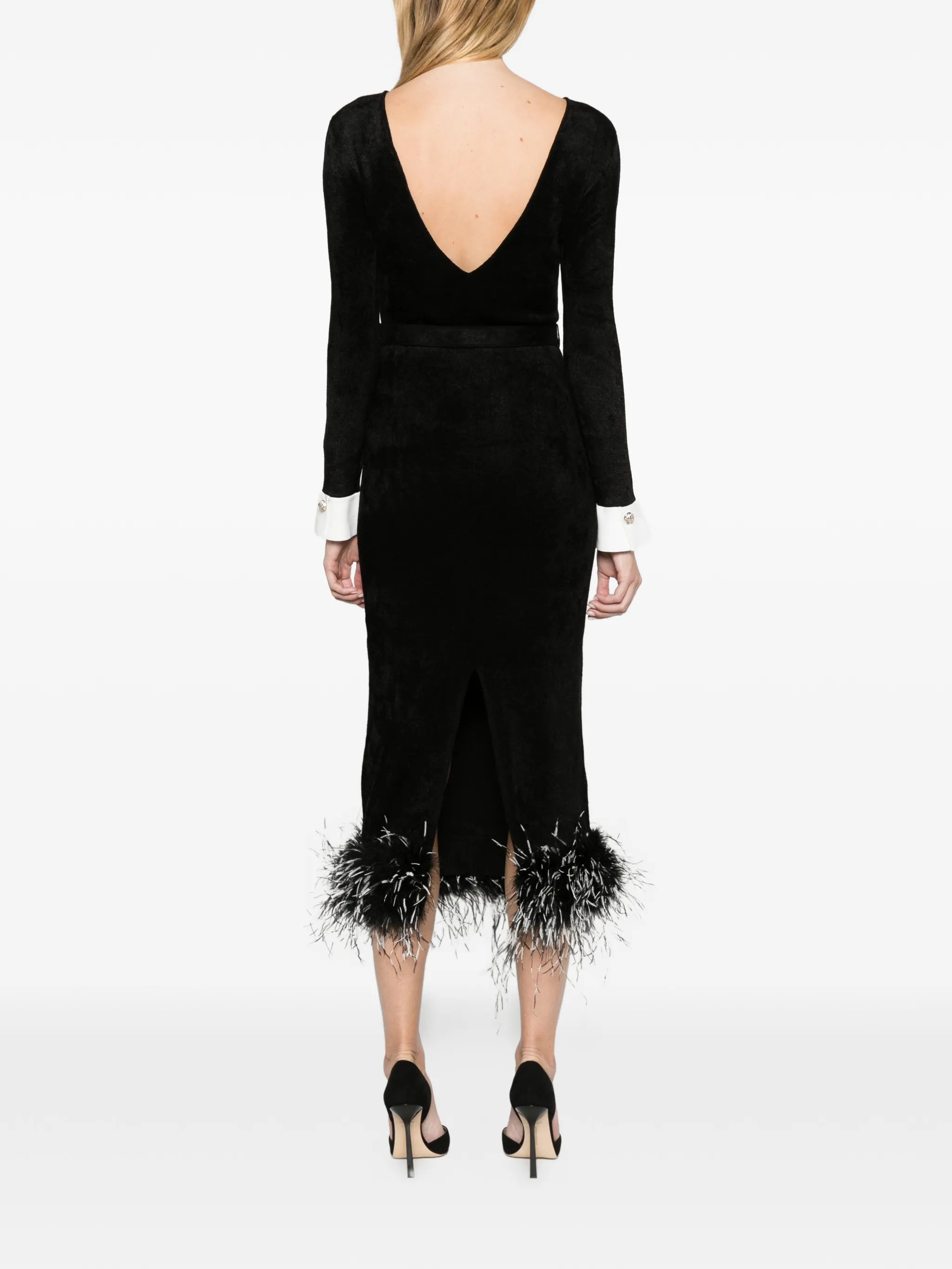 black chenille knit feather midi dress