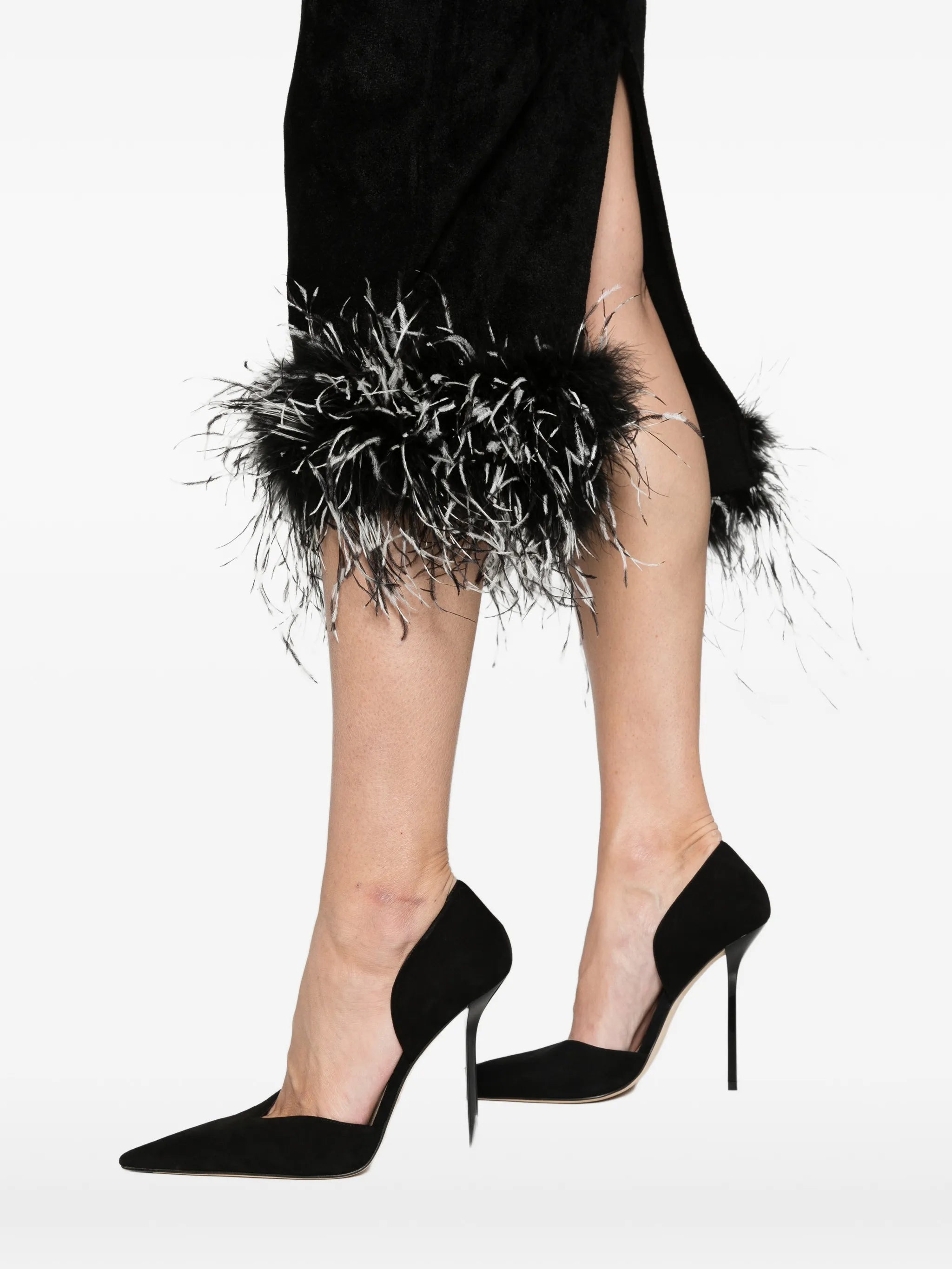 black chenille knit feather midi dress