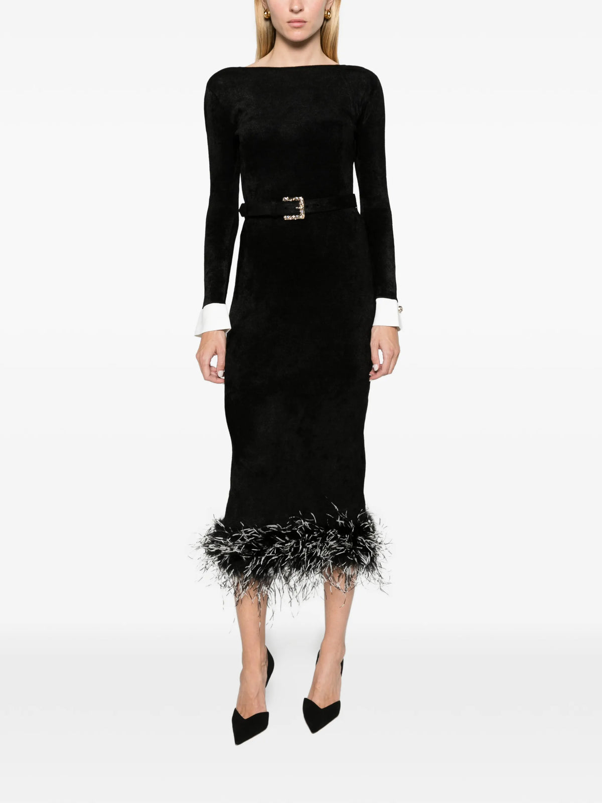 black chenille knit feather midi dress