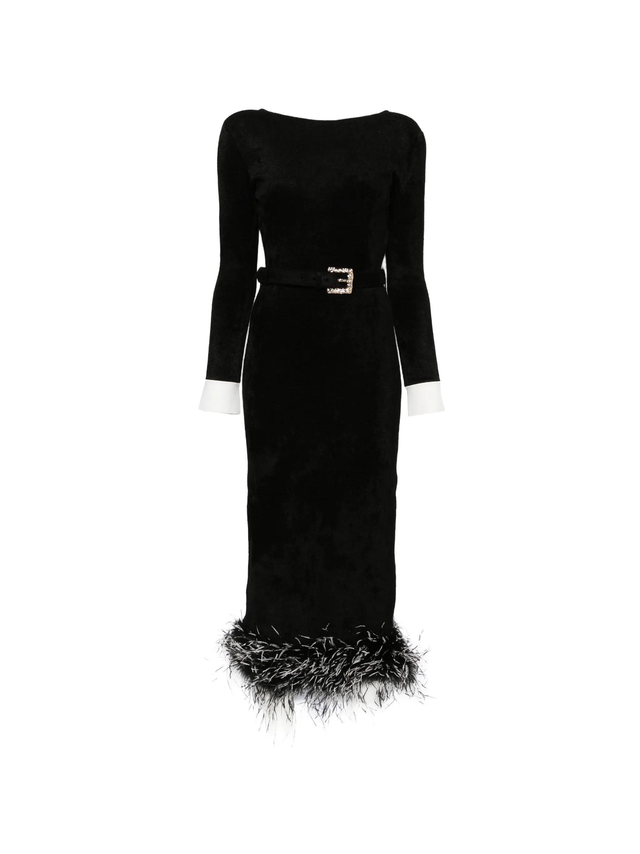 black chenille knit feather midi dress