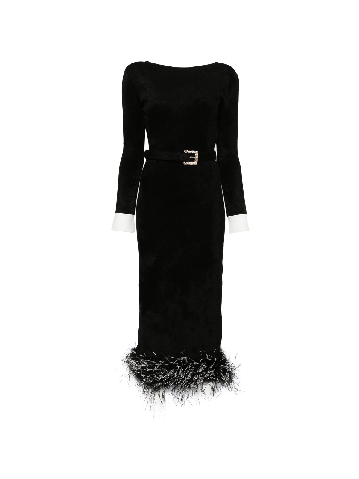 black chenille knit feather midi dress