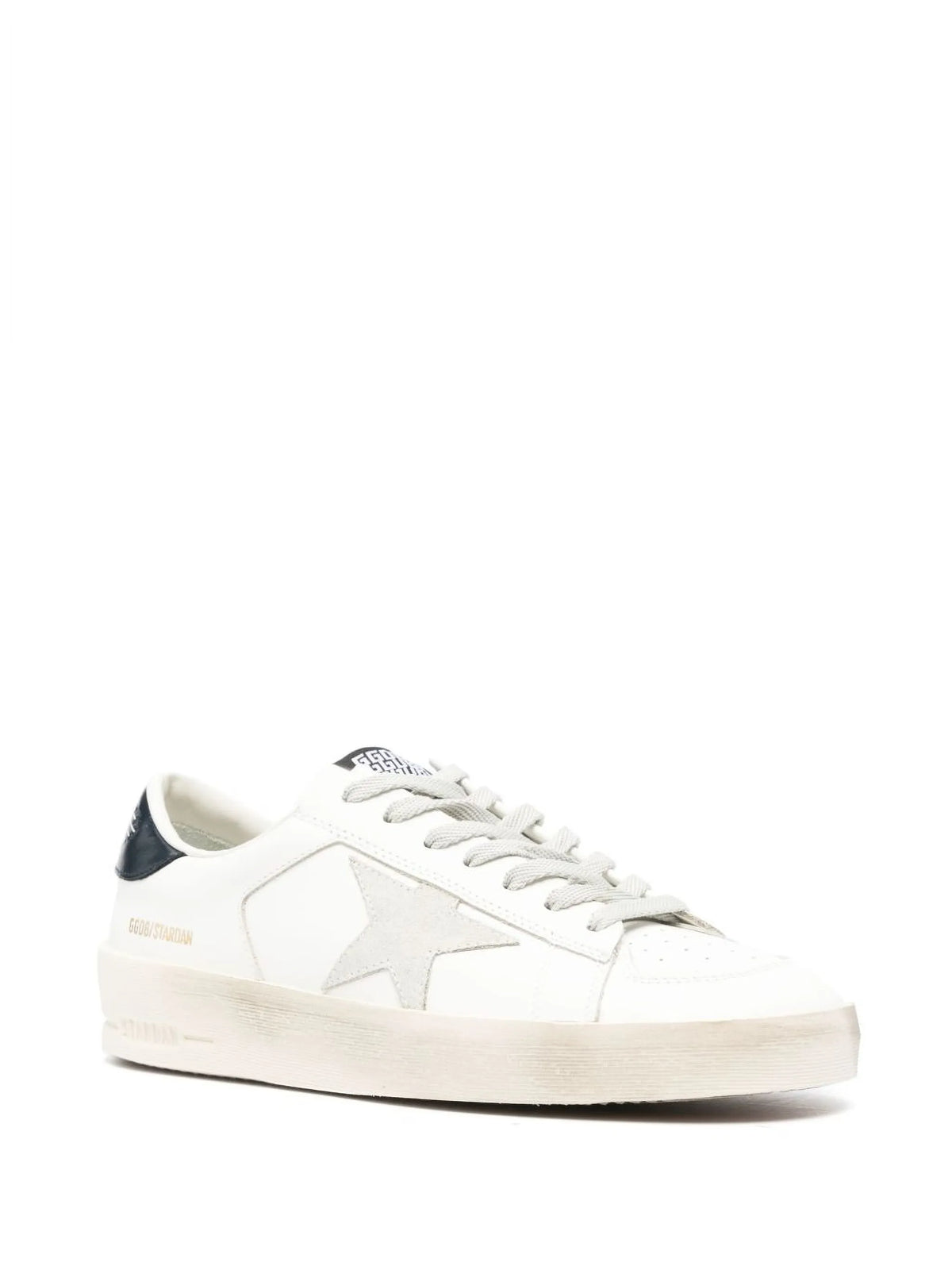 Stardan with star in ice-gray suede and blu-navy heels tab