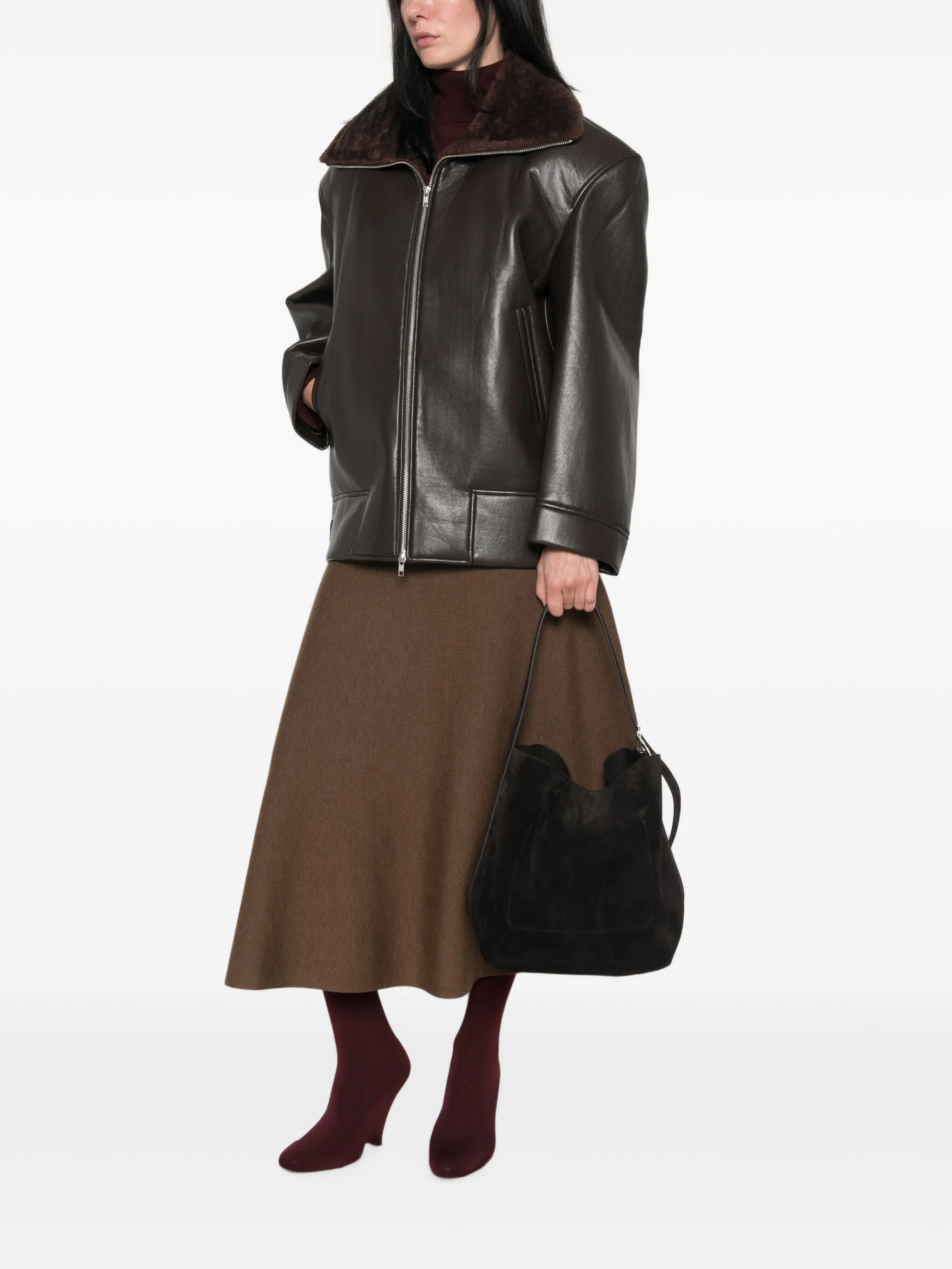 shearling-collar faux-leather jacket
