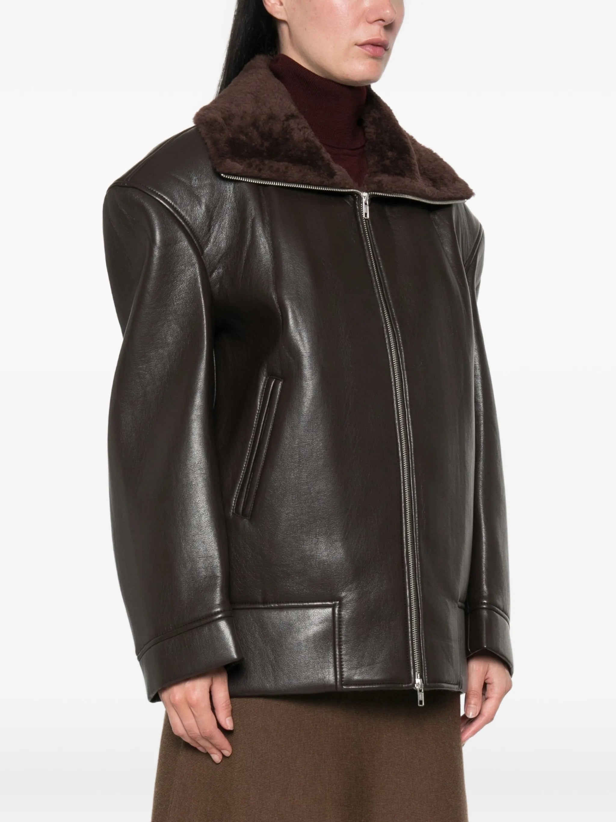 shearling-collar faux-leather jacket