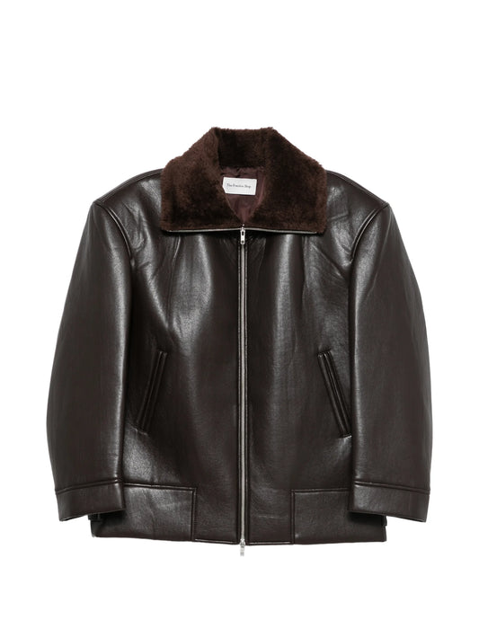shearling-collar faux-leather jacket