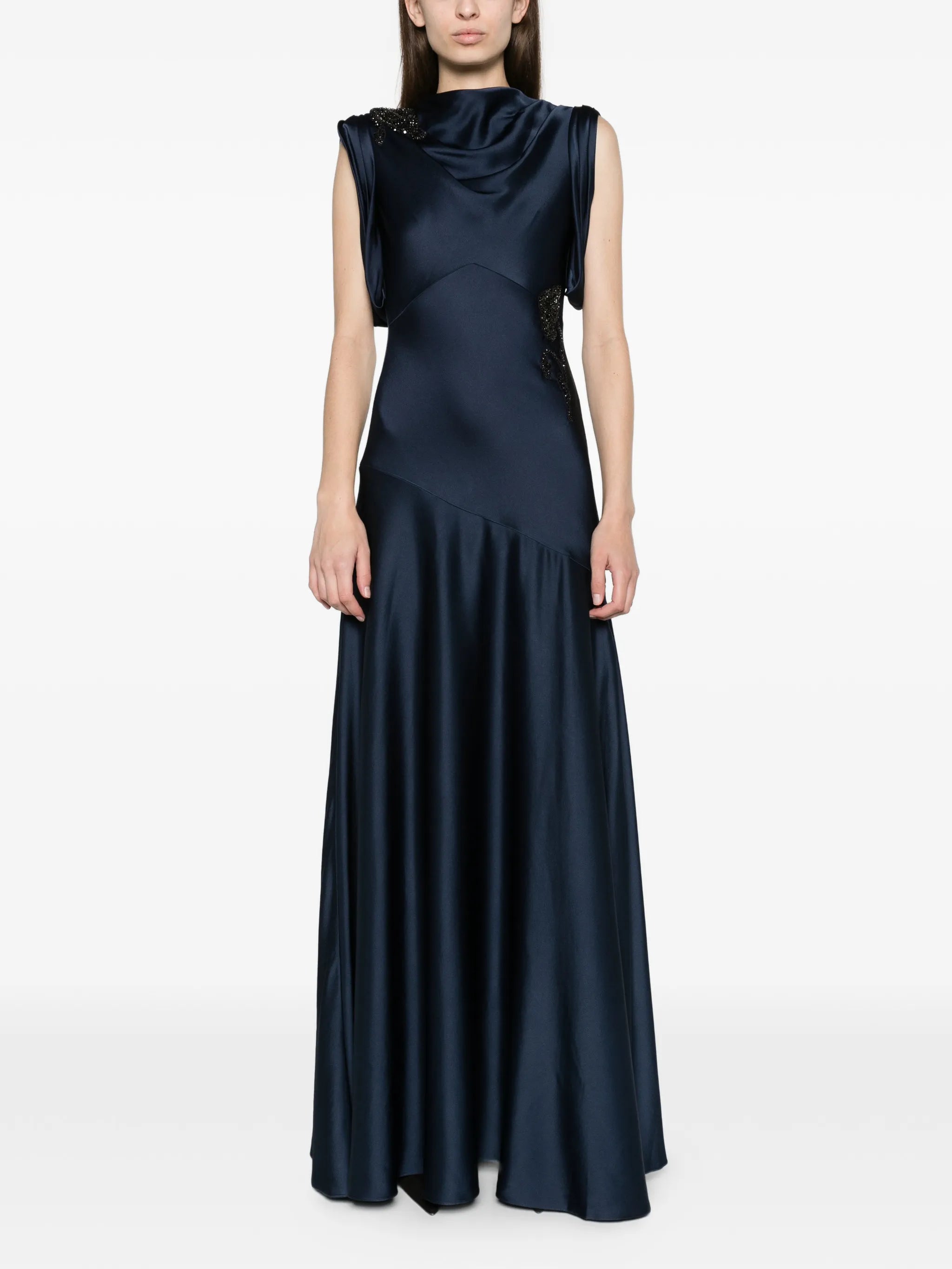 embellished satin draped gown