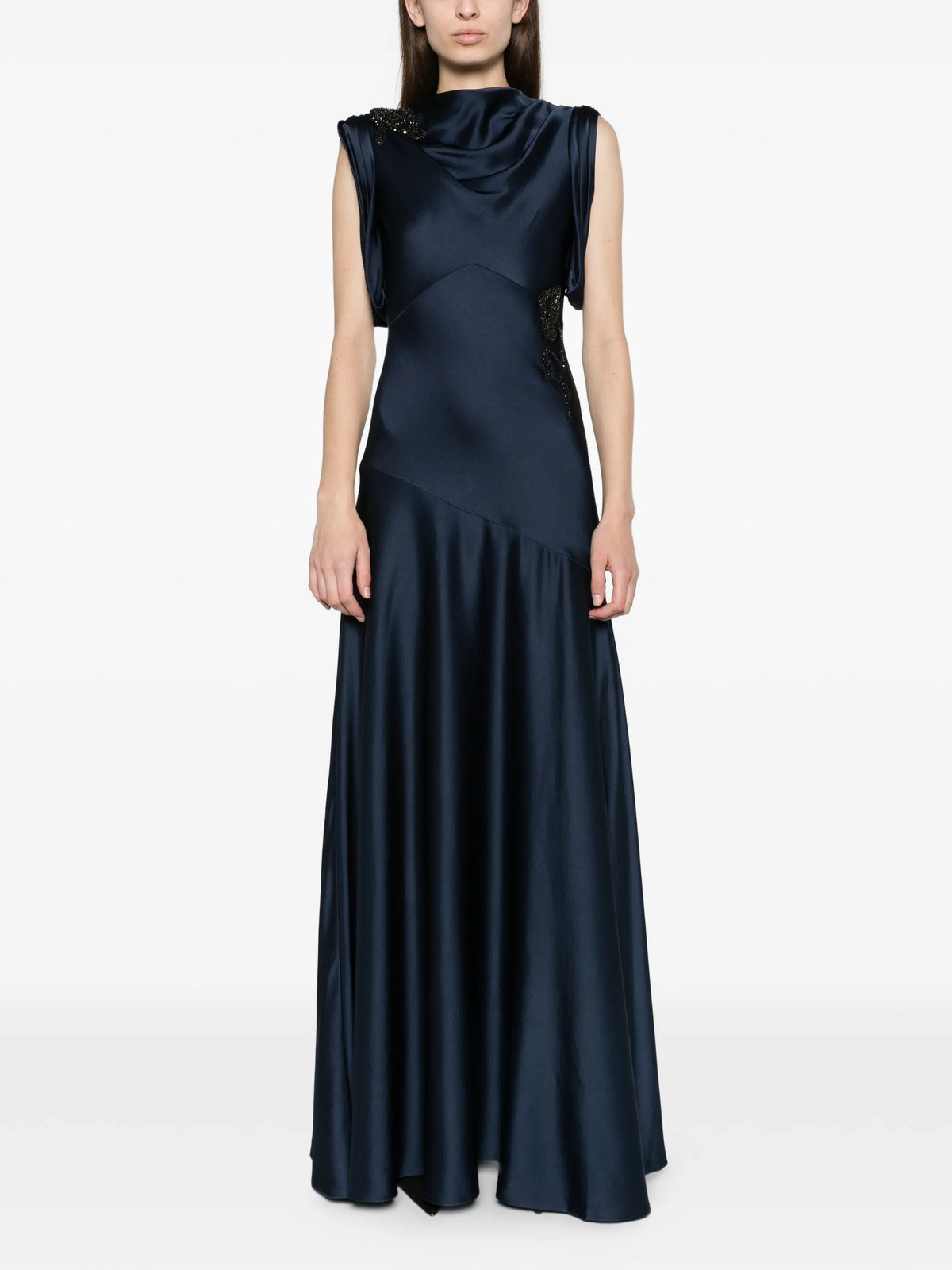 embellished satin draped gown