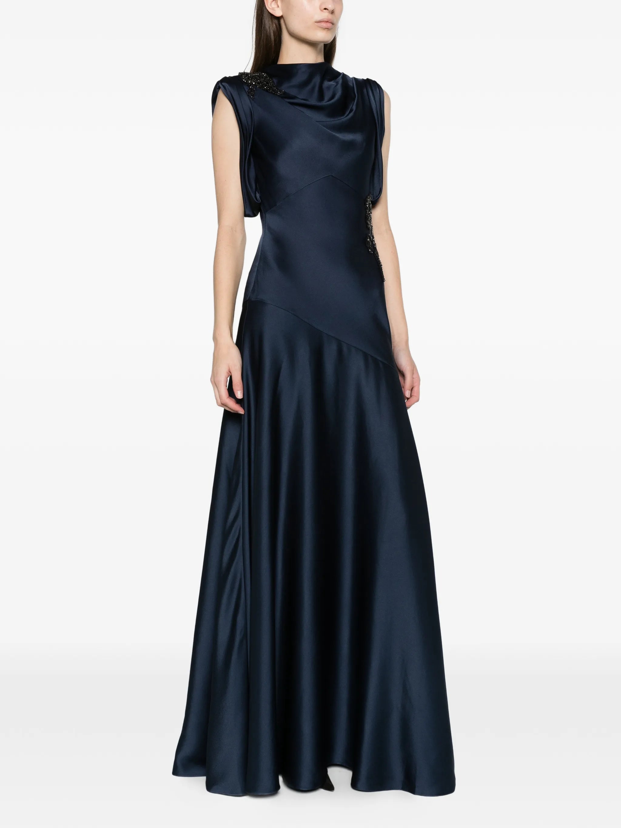 embellished satin draped gown
