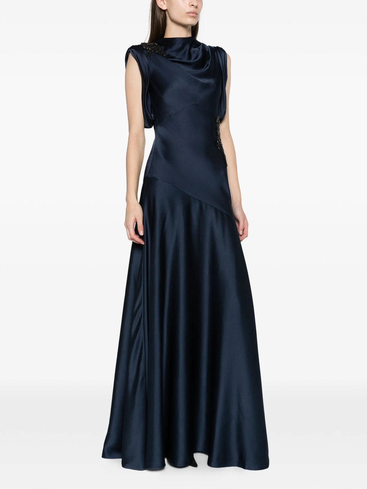 embellished satin draped gown