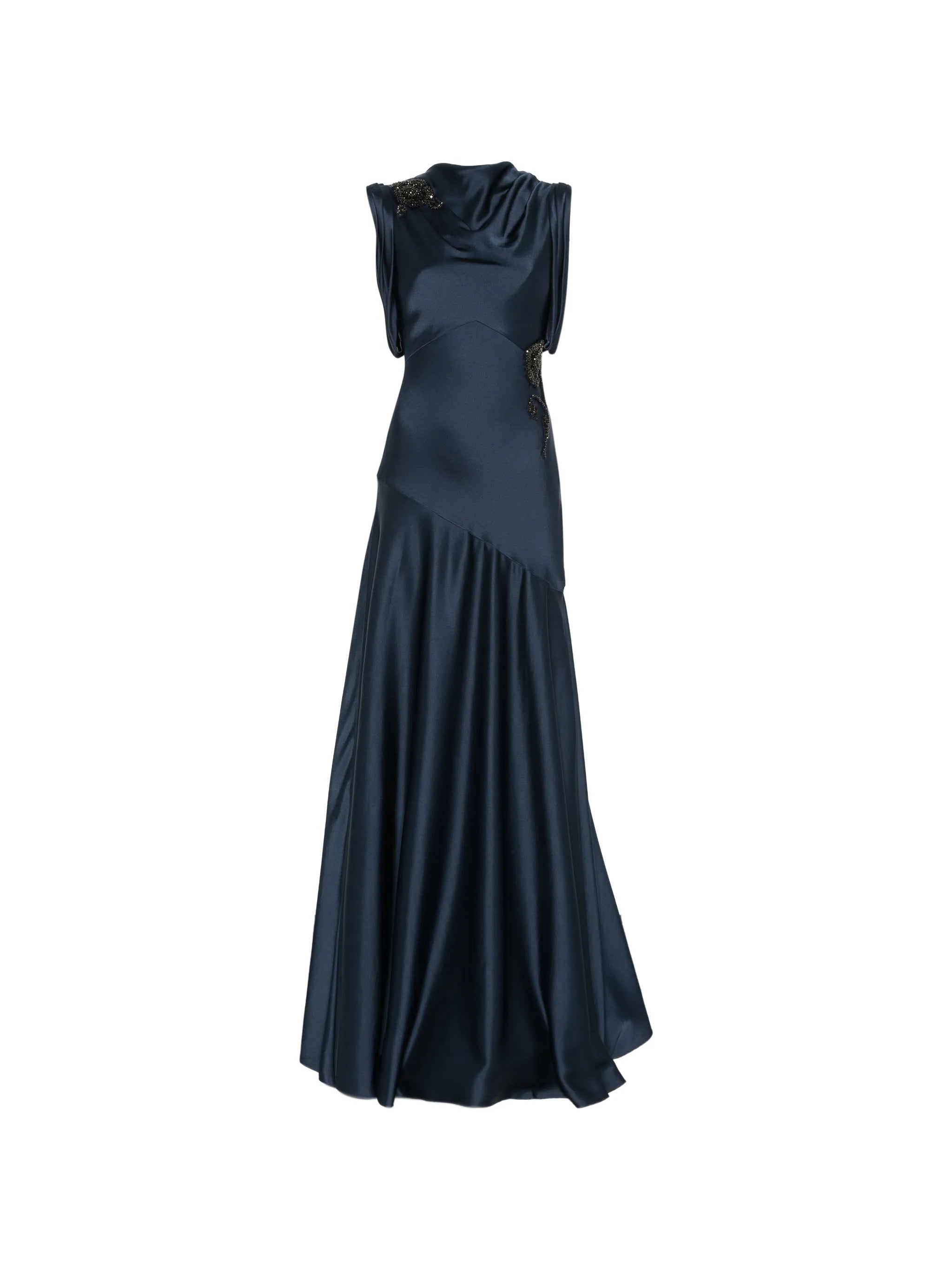 embellished satin draped gown