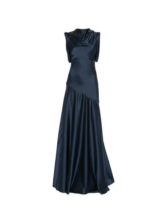 embellished satin draped gown