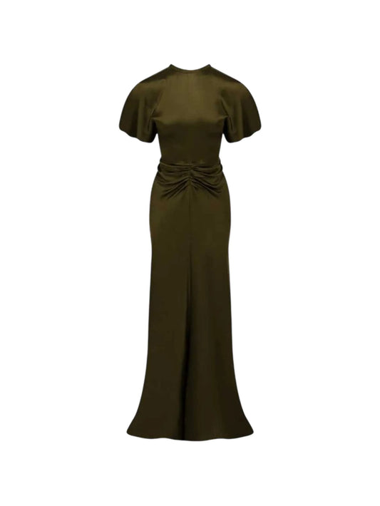 gathered-waist flared-hem maxi dress