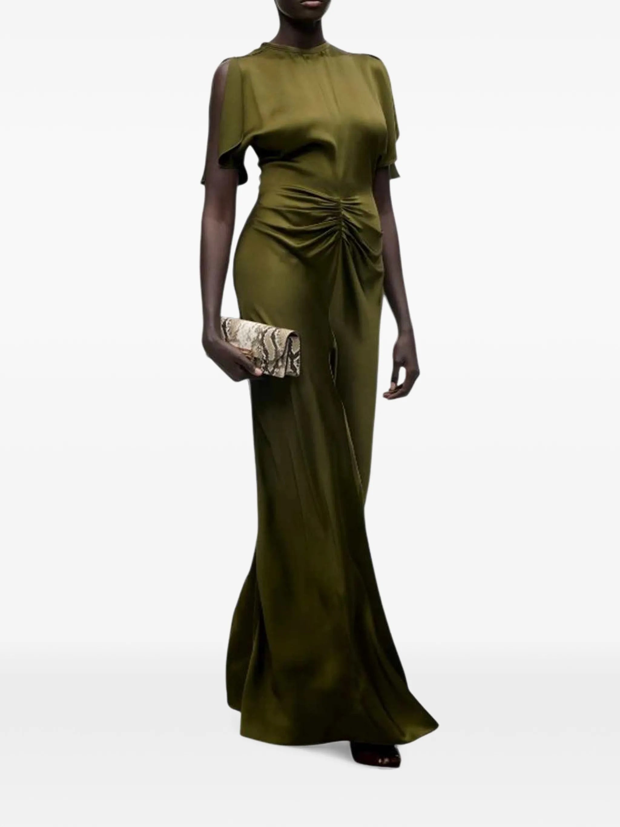 gathered-waist flared-hem maxi dress