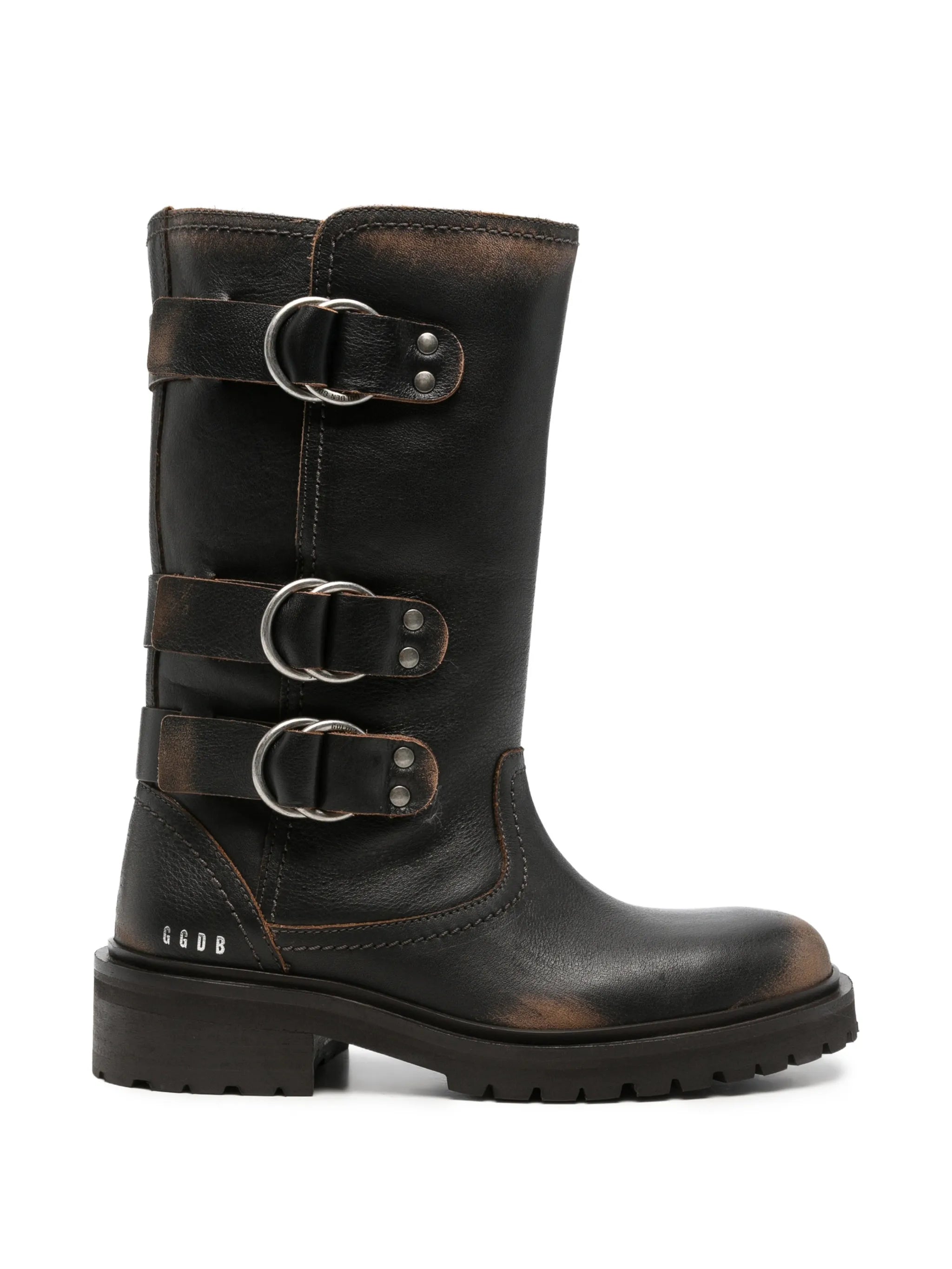 triple-buckle distressed-effect biker boots