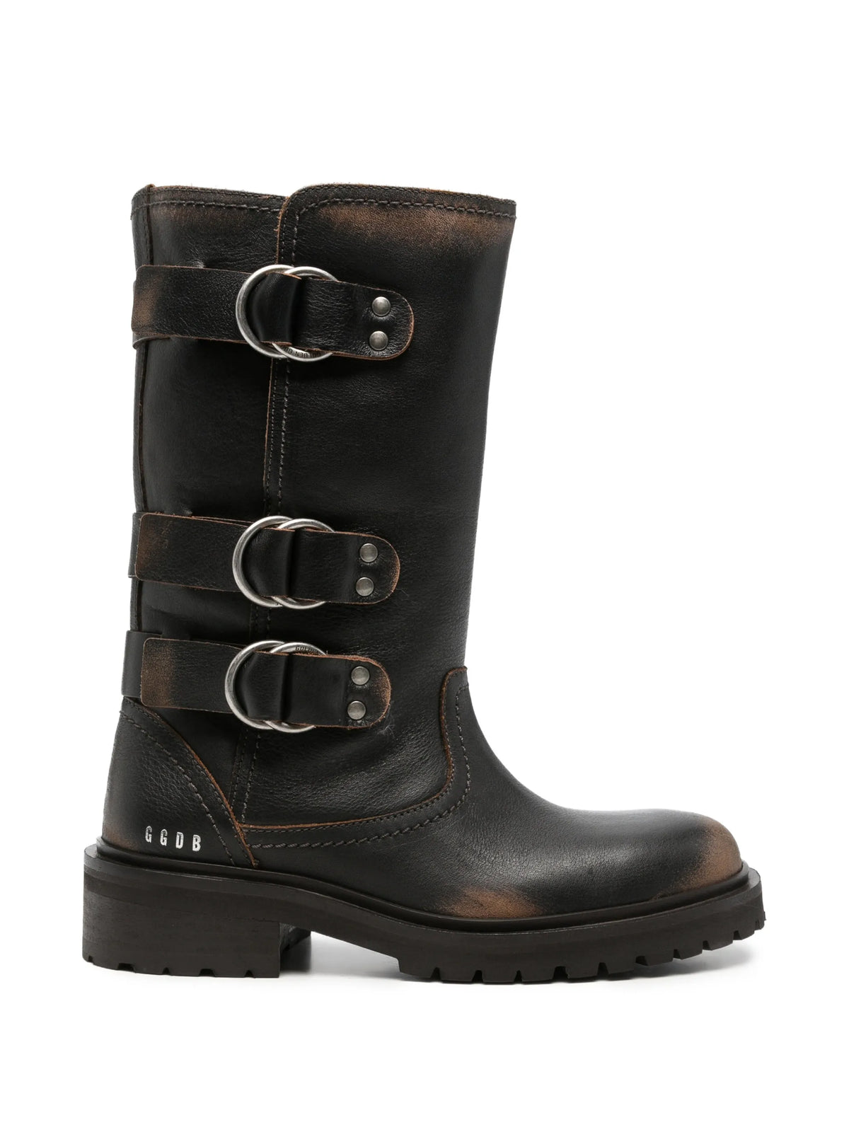 triple-buckle distressed-effect biker boots