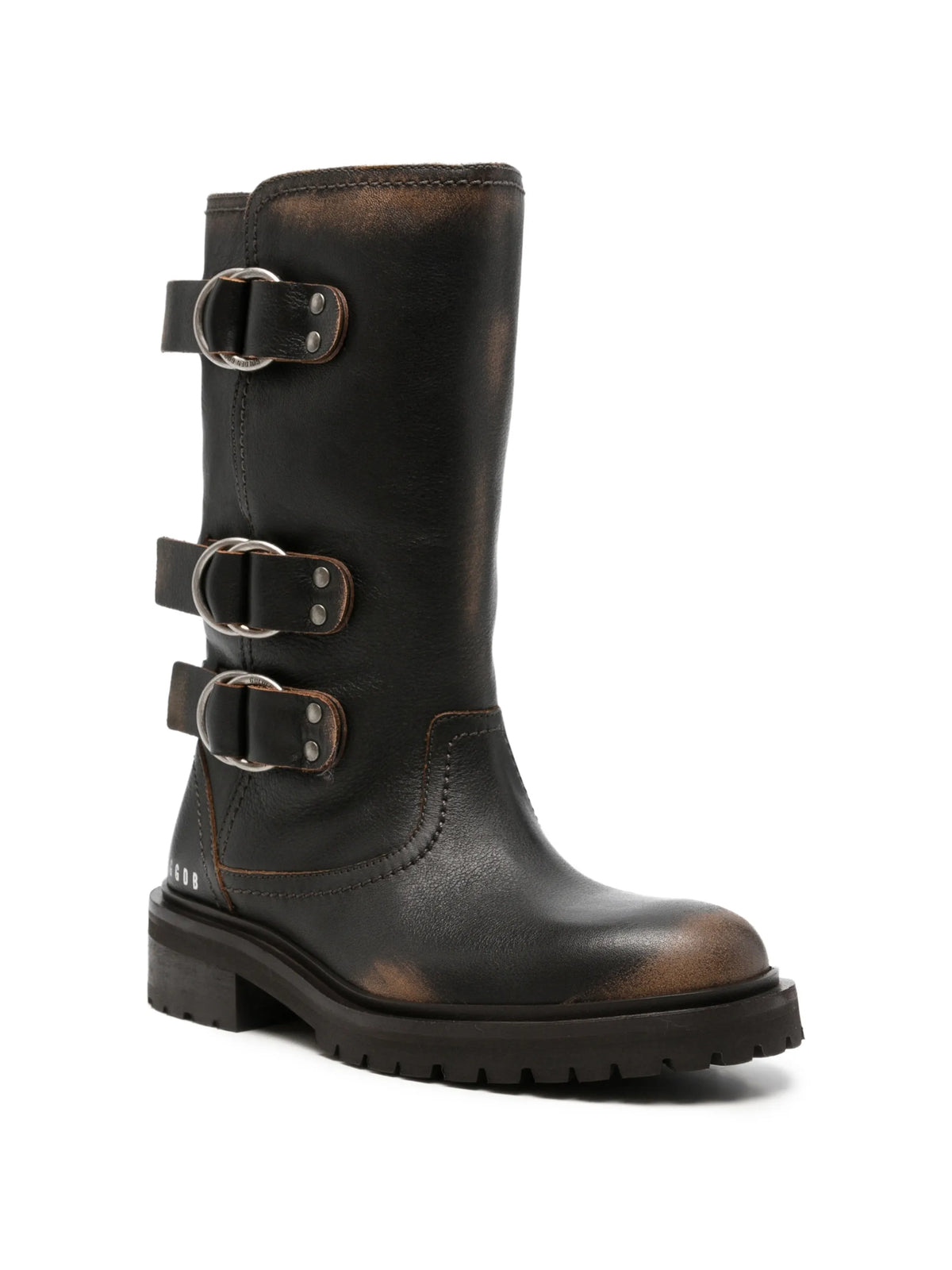 triple-buckle distressed-effect biker boots