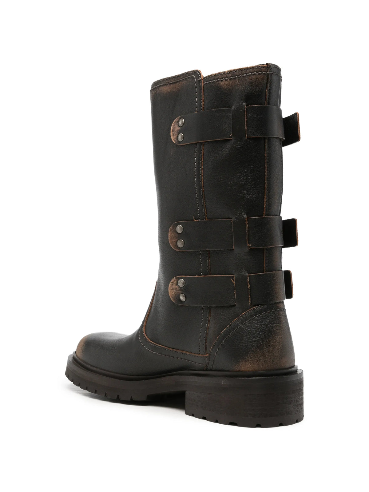 triple-buckle distressed-effect biker boots