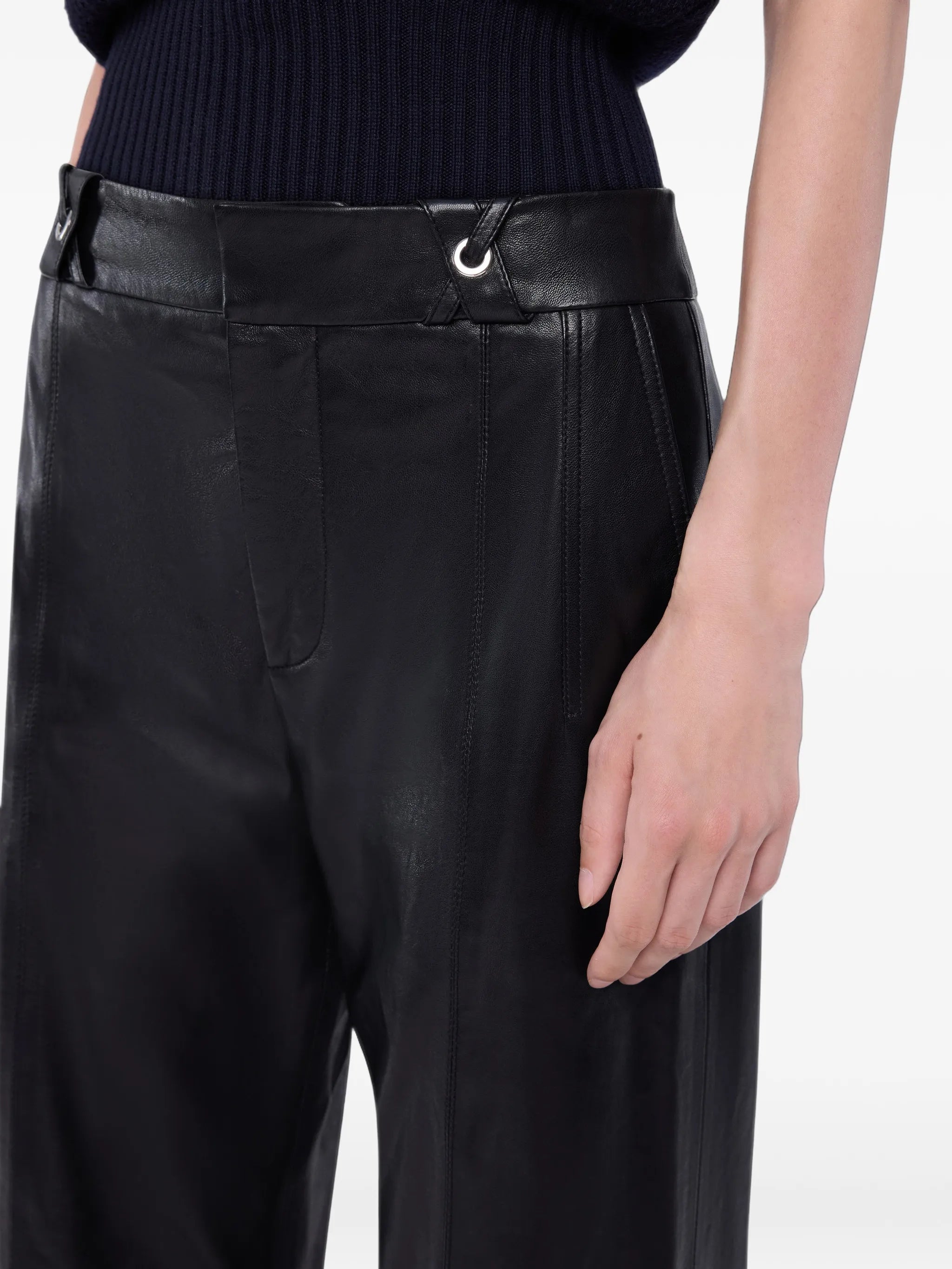 black lambskin-leather straight-leg trousers