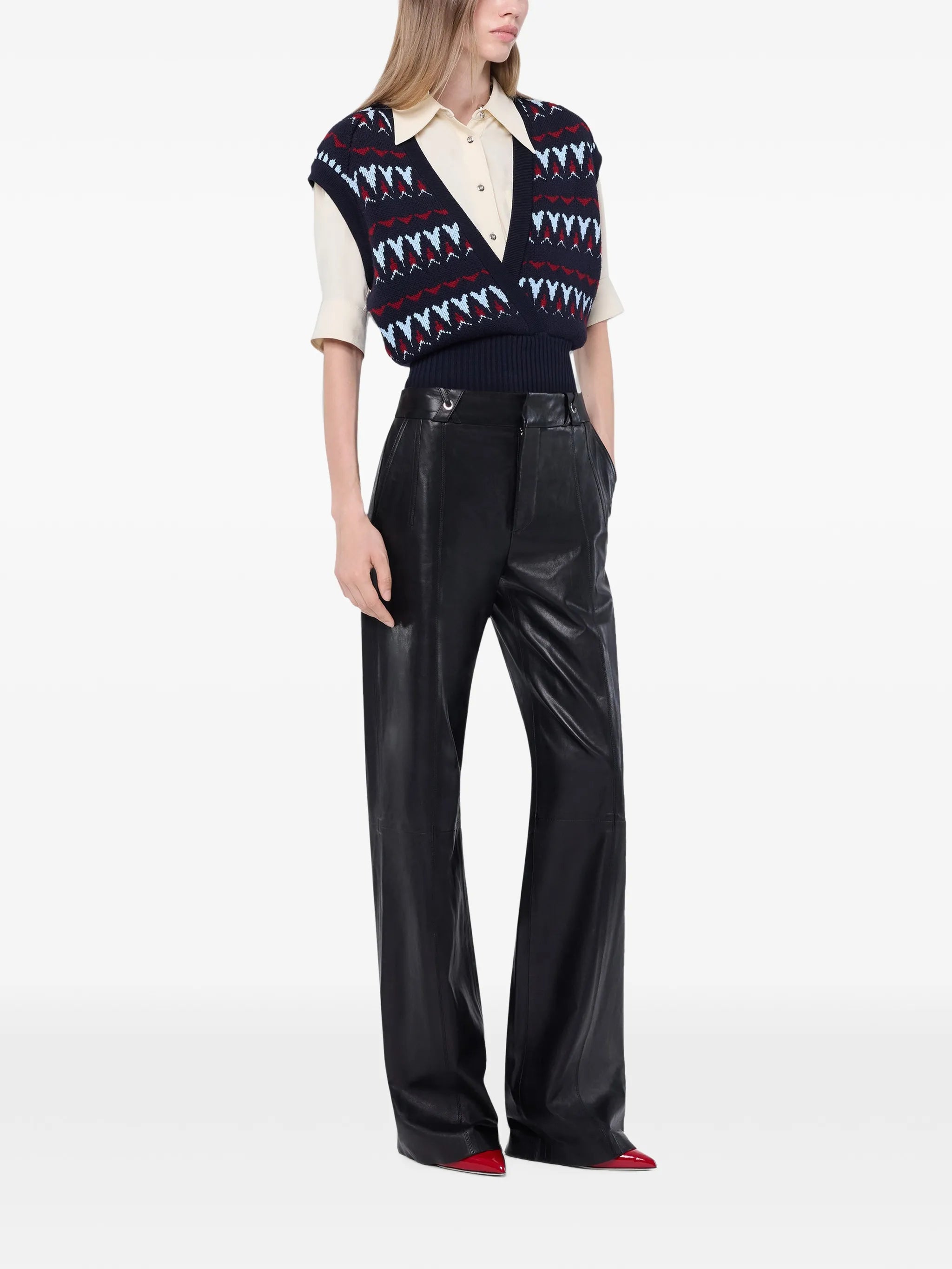black lambskin-leather straight-leg trousers