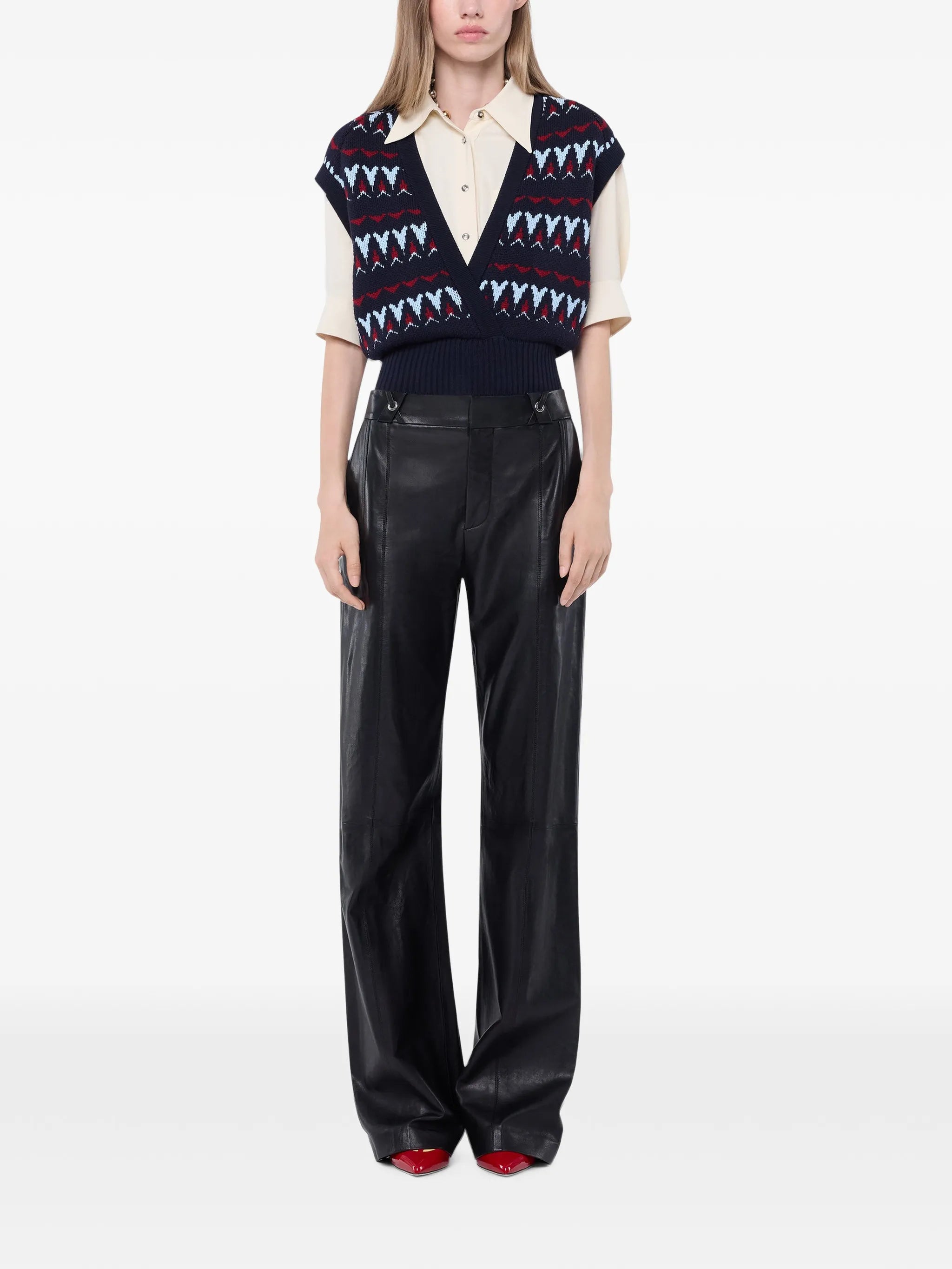 black lambskin-leather straight-leg trousers