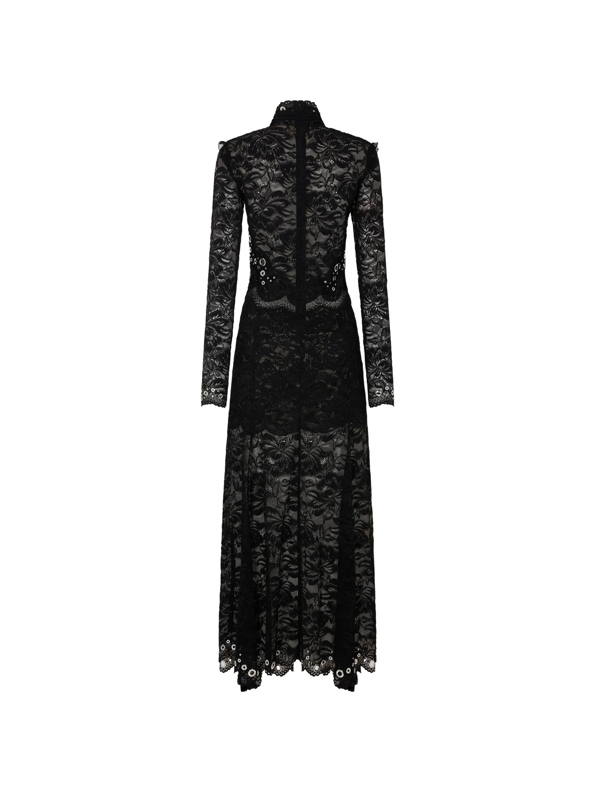 long dress in black layered lace with silver eyelets details