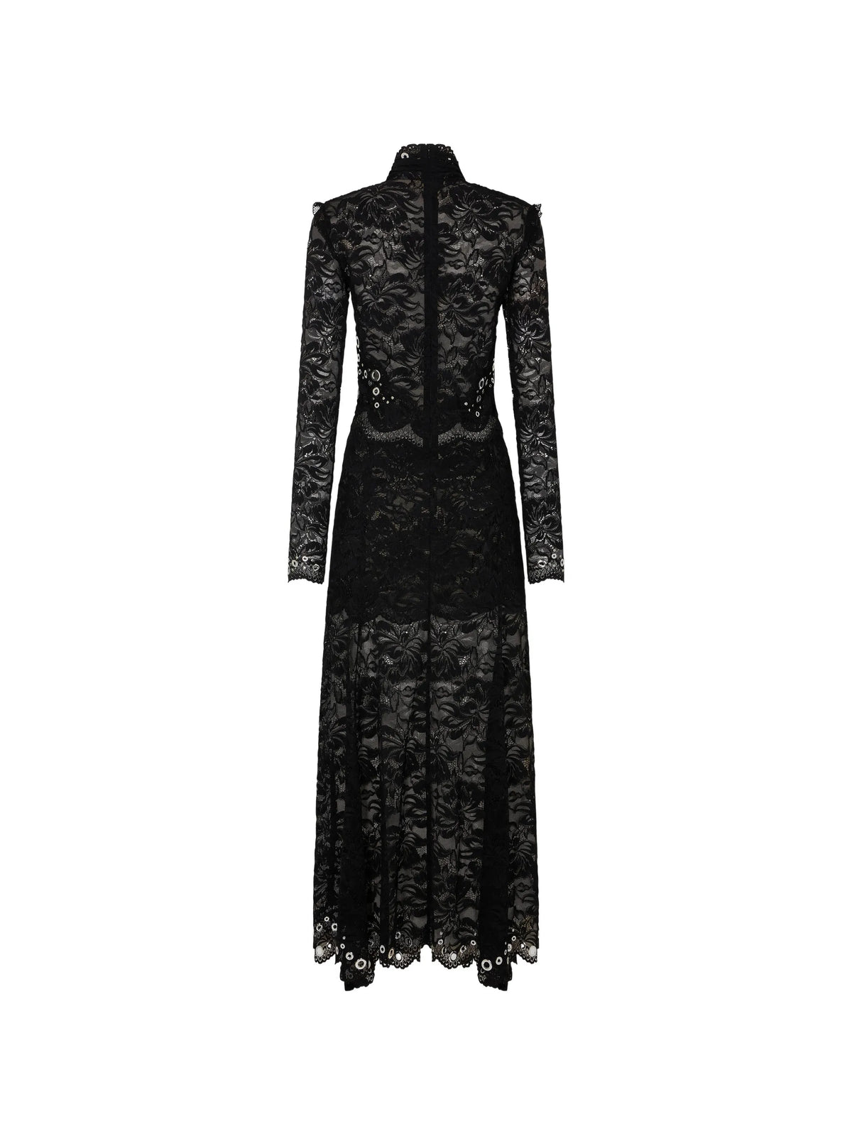 long dress in black layered lace with silver eyelets details