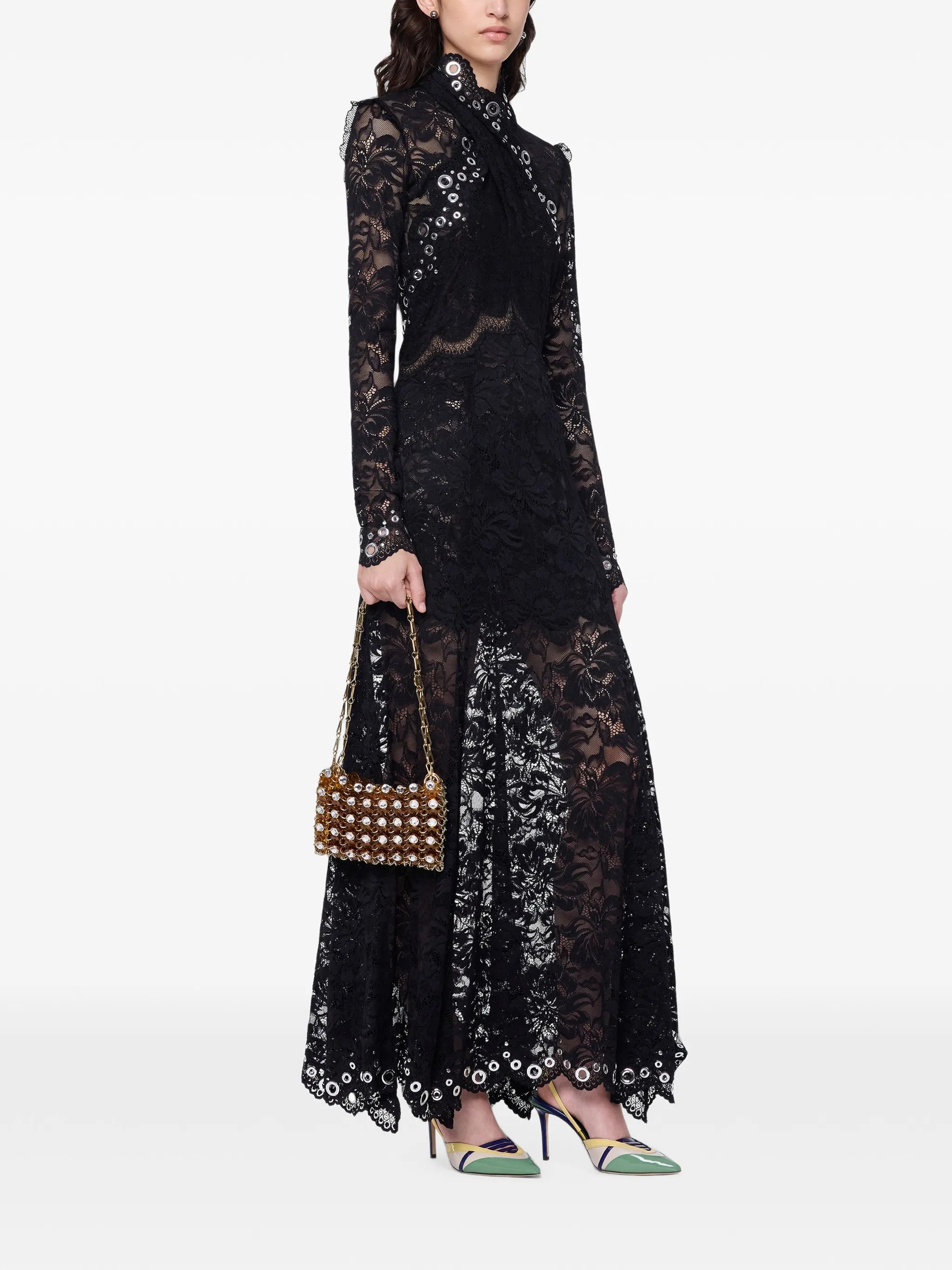 long dress in black layered lace with silver eyelets details