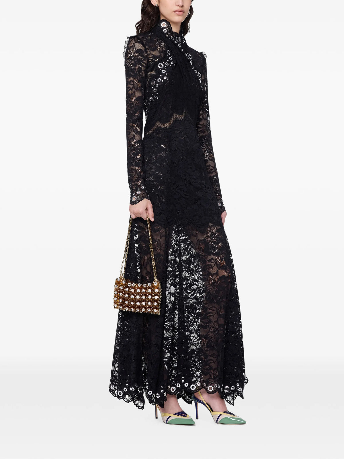 long dress in black layered lace with silver eyelets details