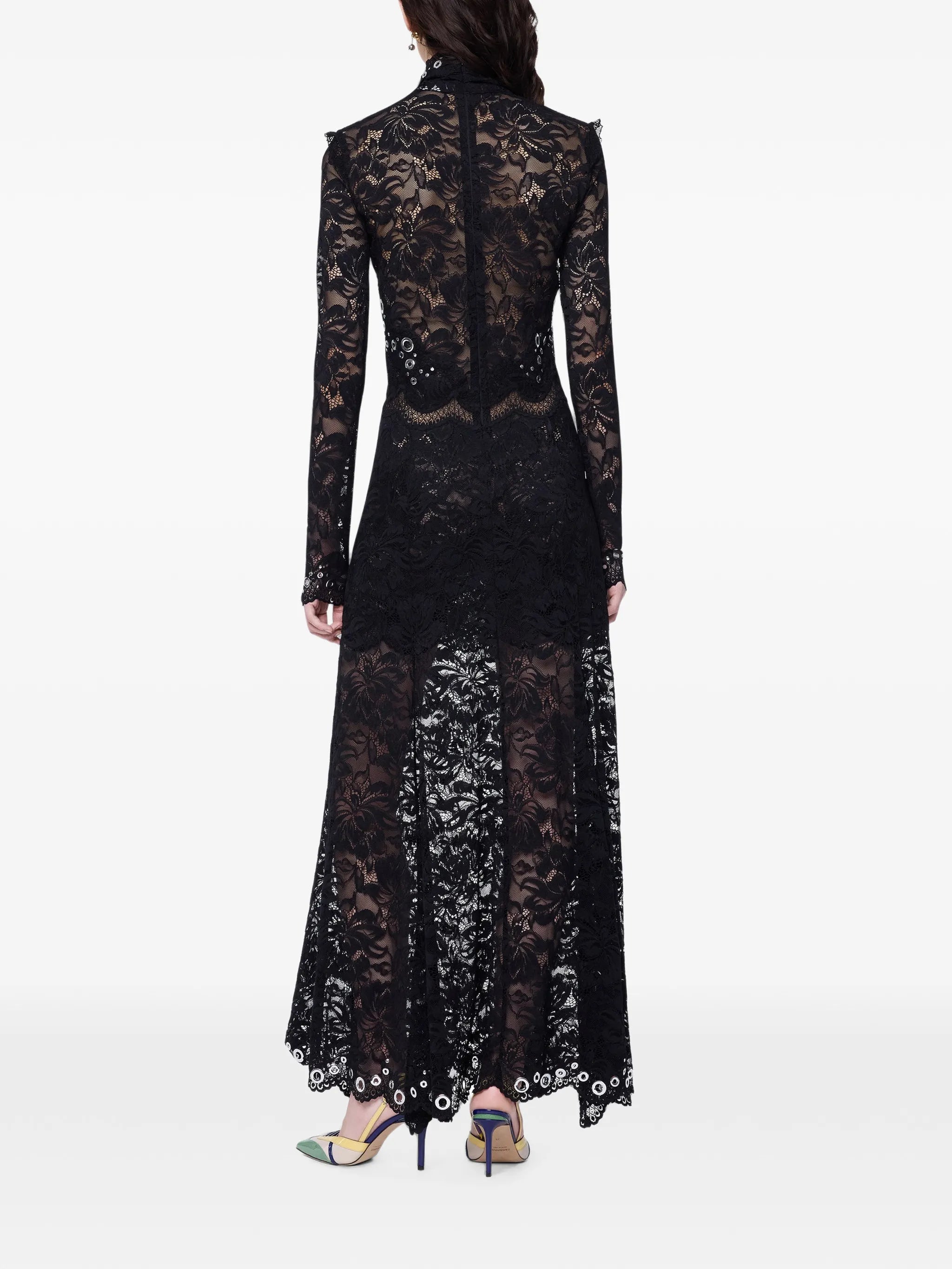 long dress in black layered lace with silver eyelets details