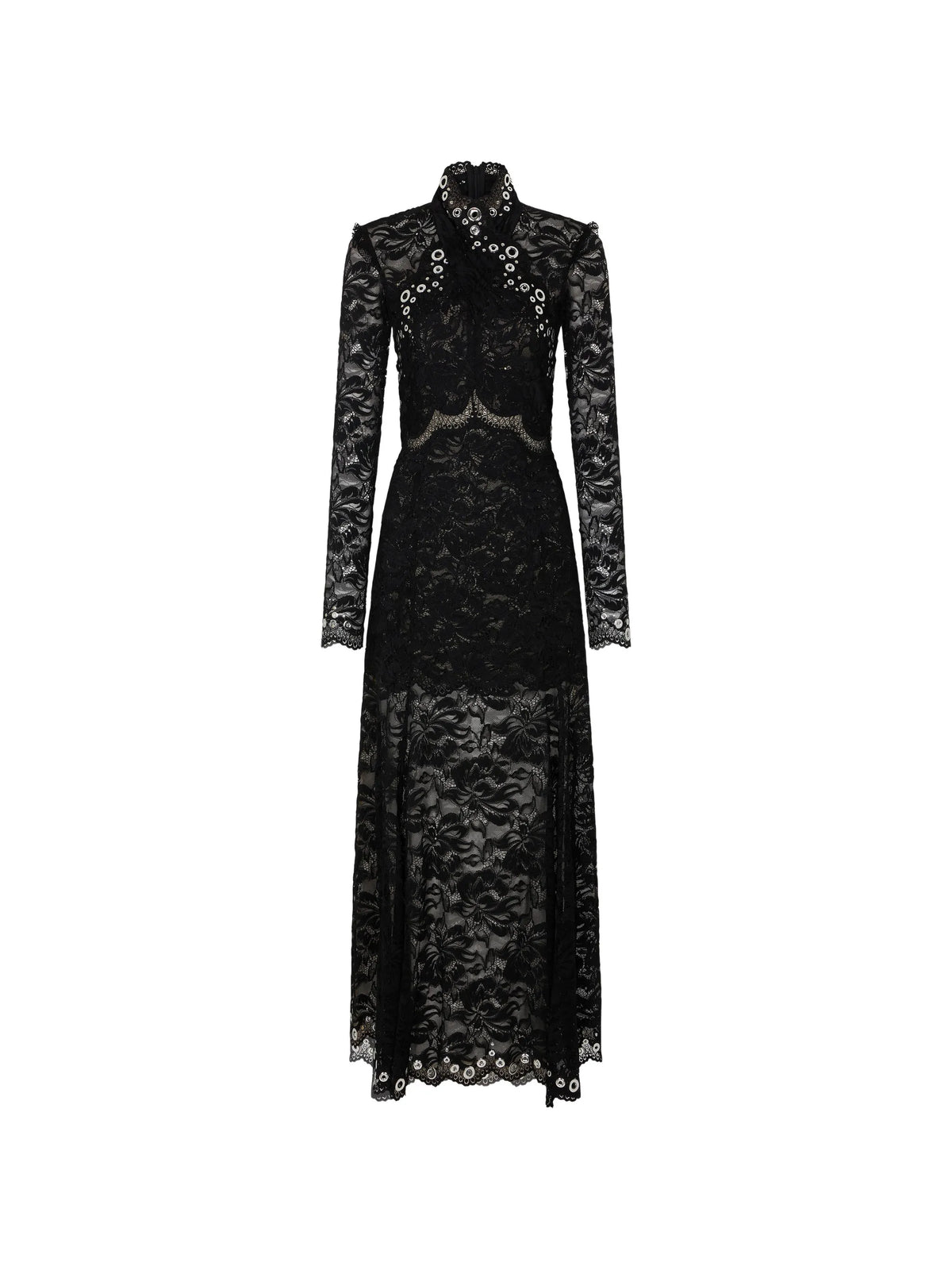 long dress in black layered lace with silver eyelets details