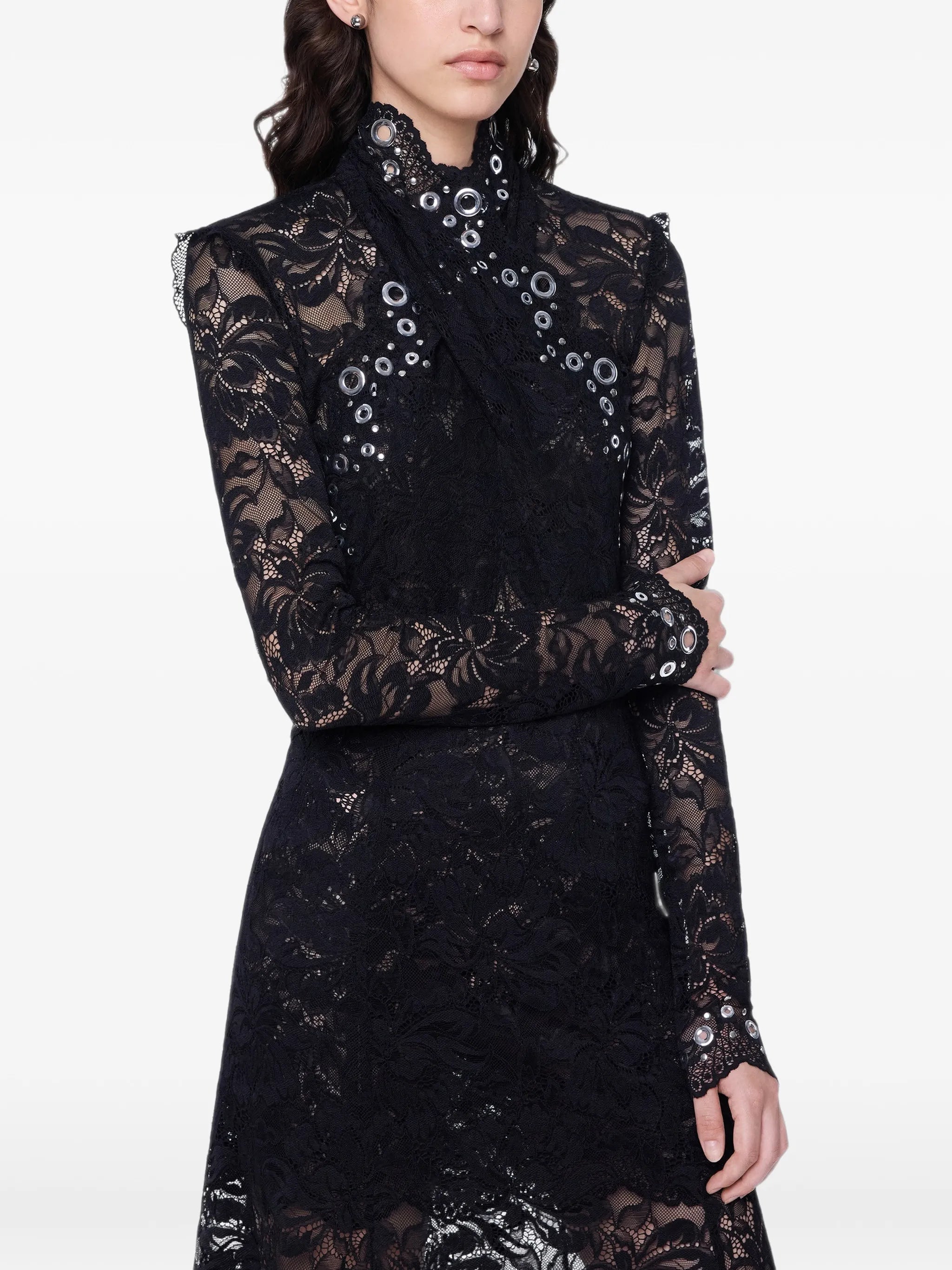 long dress in black layered lace with silver eyelets details