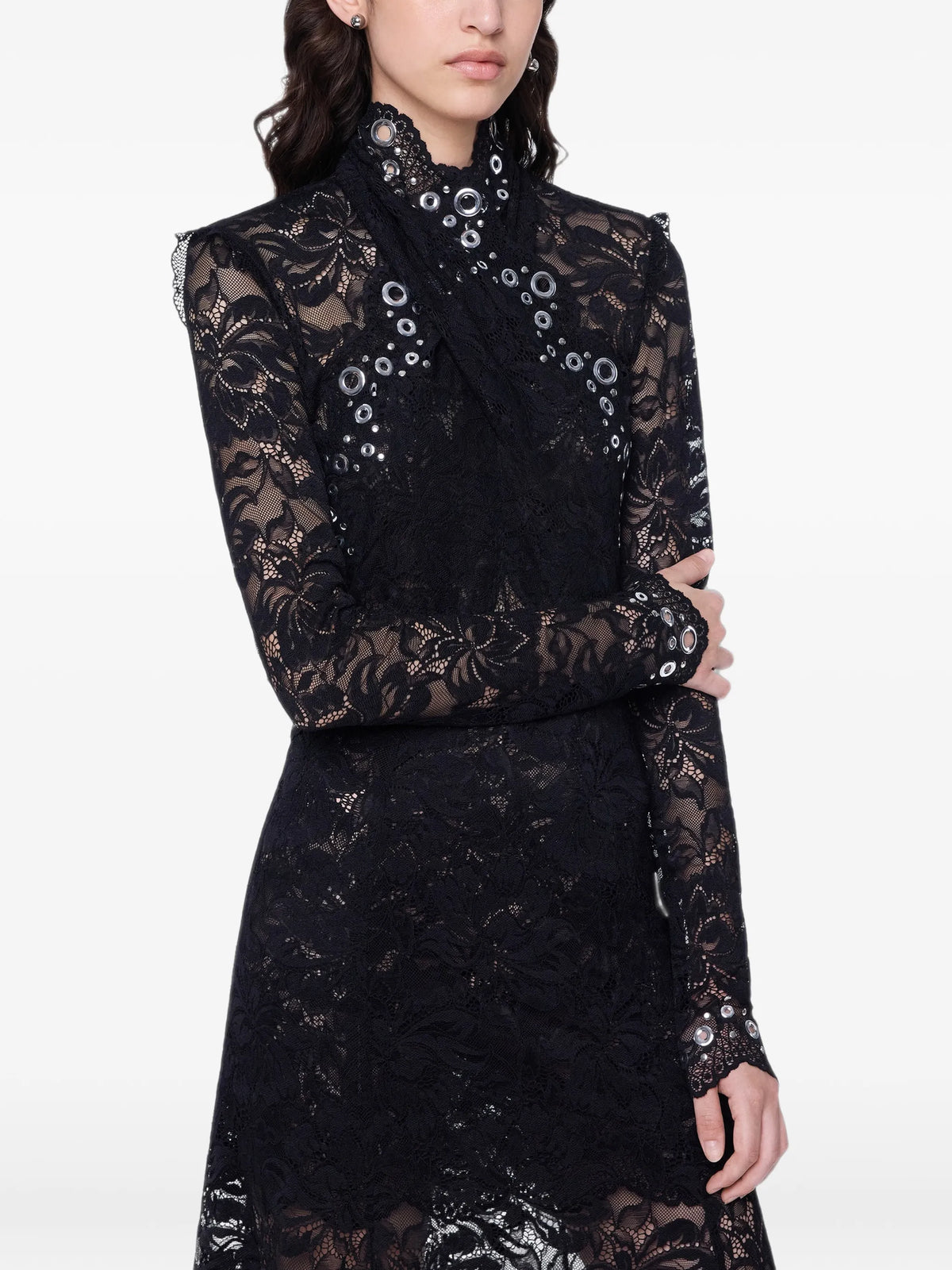 long dress in black layered lace with silver eyelets details