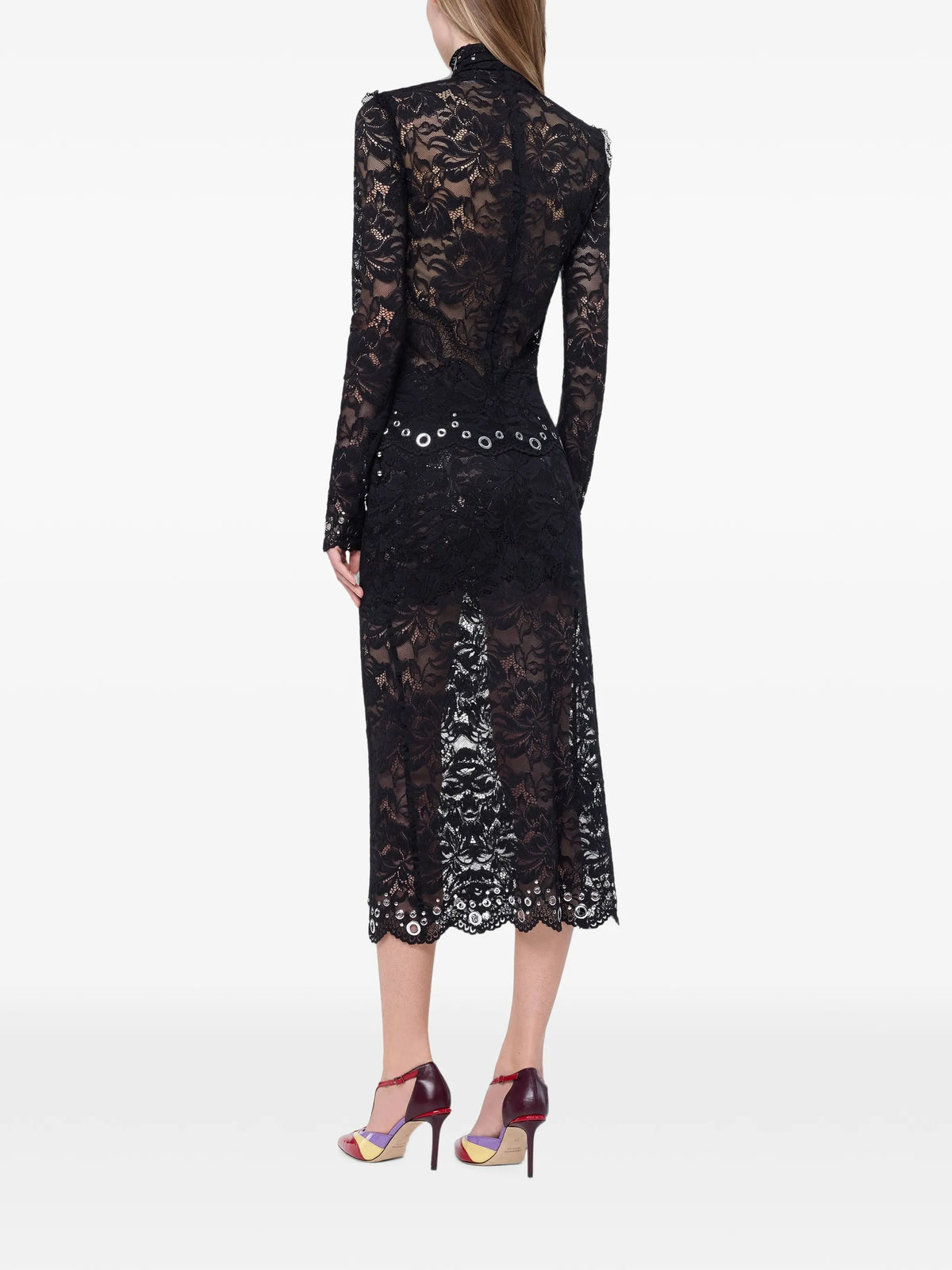 long-sleeve top in black layered lace with silver eyelets details