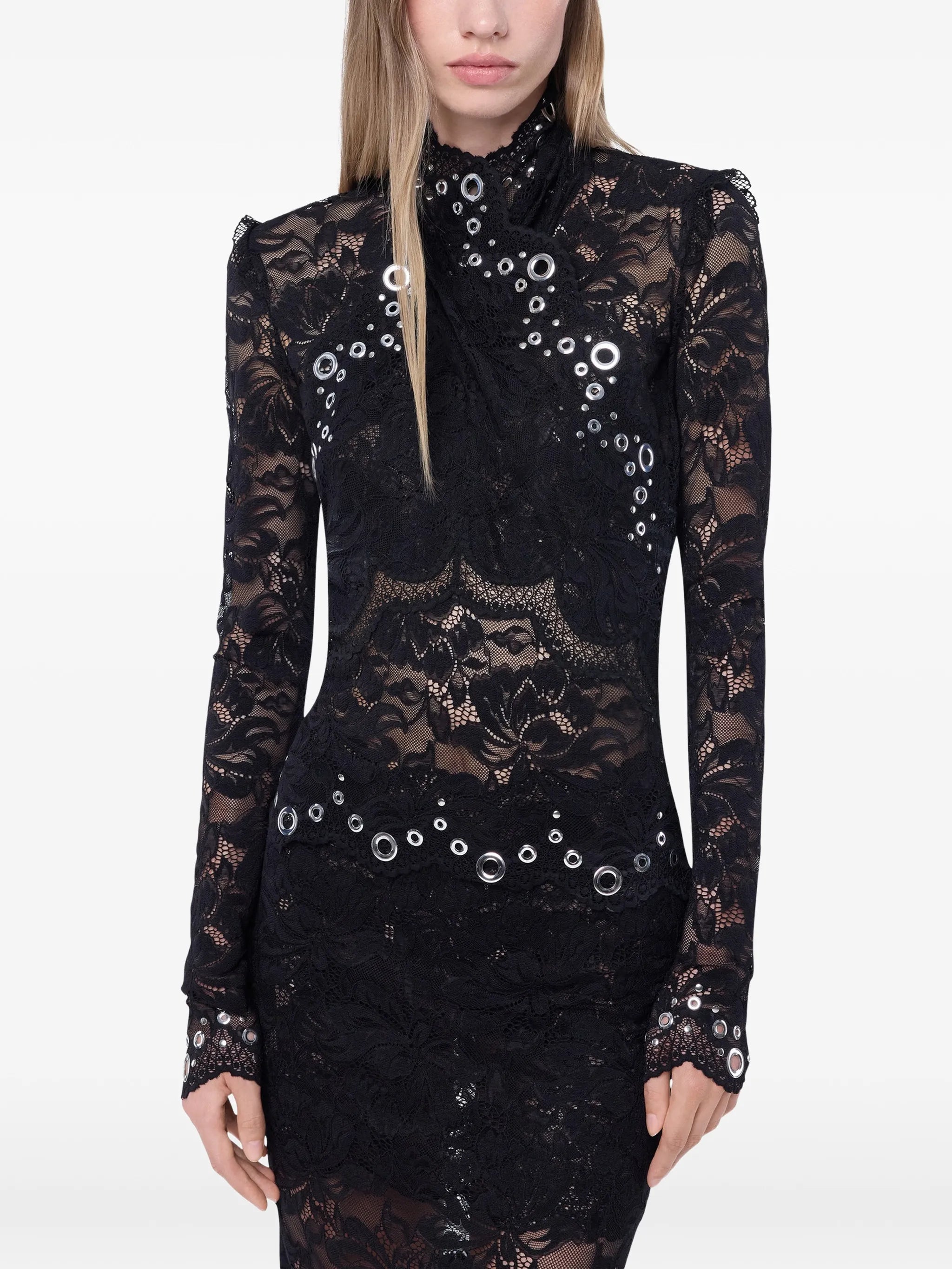 long-sleeve top in black layered lace with silver eyelets details
