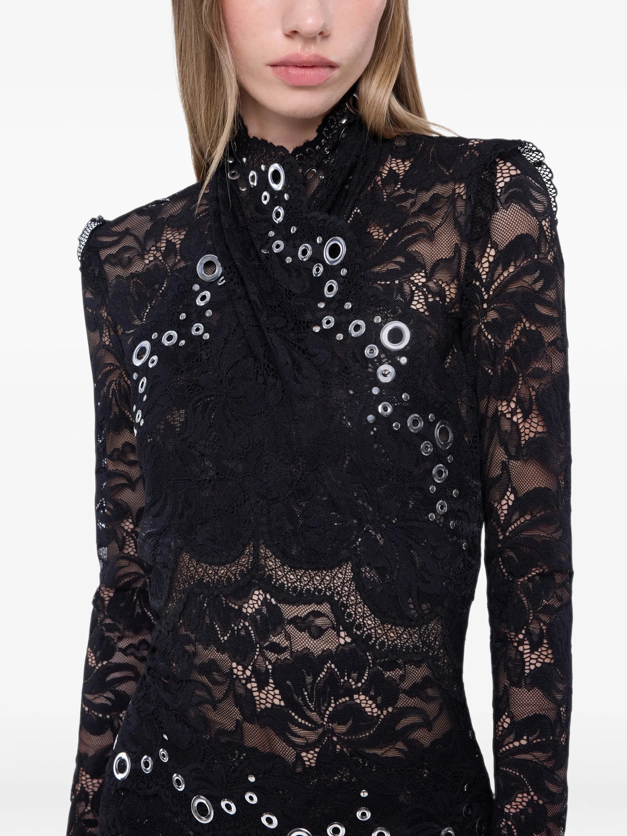 long-sleeve top in black layered lace with silver eyelets details