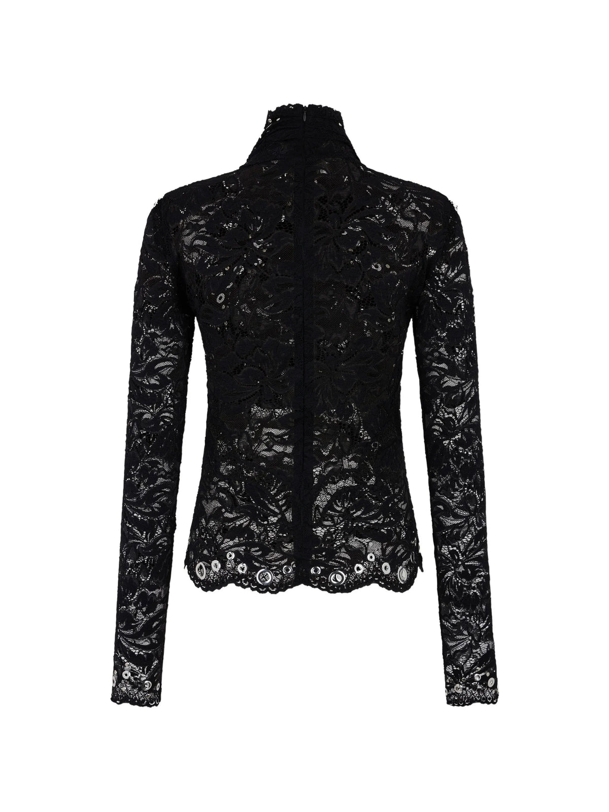 long-sleeve top in black layered lace with silver eyelets details