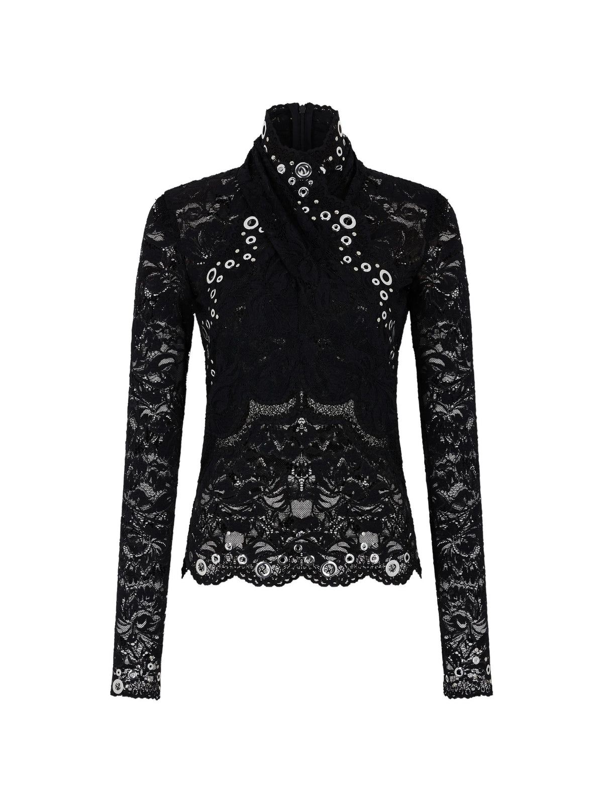 long-sleeve top in black layered lace with silver eyelets details