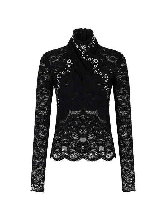 long-sleeve top in black layered lace with silver eyelets details