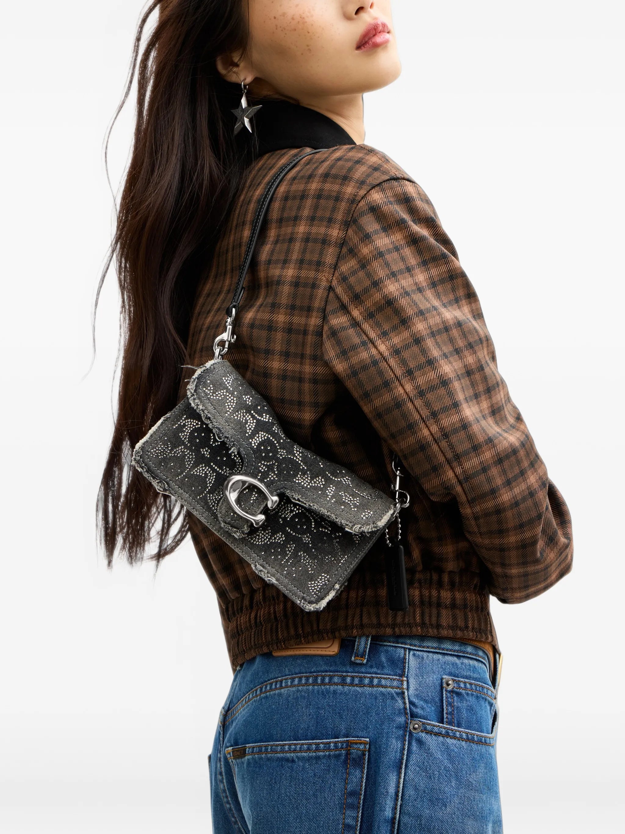 Tabby shoulder bag 20 in regenerative cotton denim with loved crystal Signature