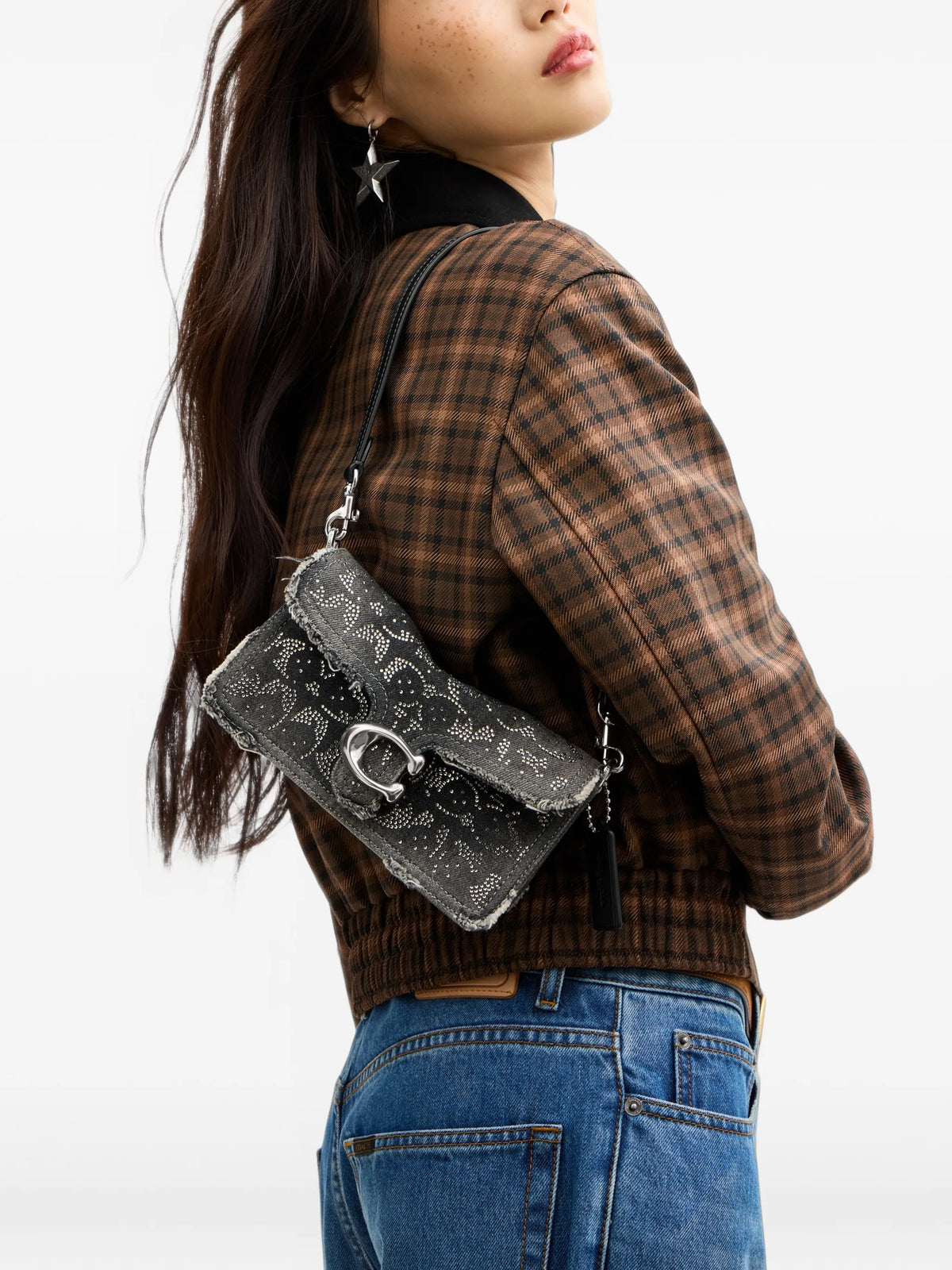 Tabby shoulder bag 20 in regenerative cotton denim with loved crystal Signature
