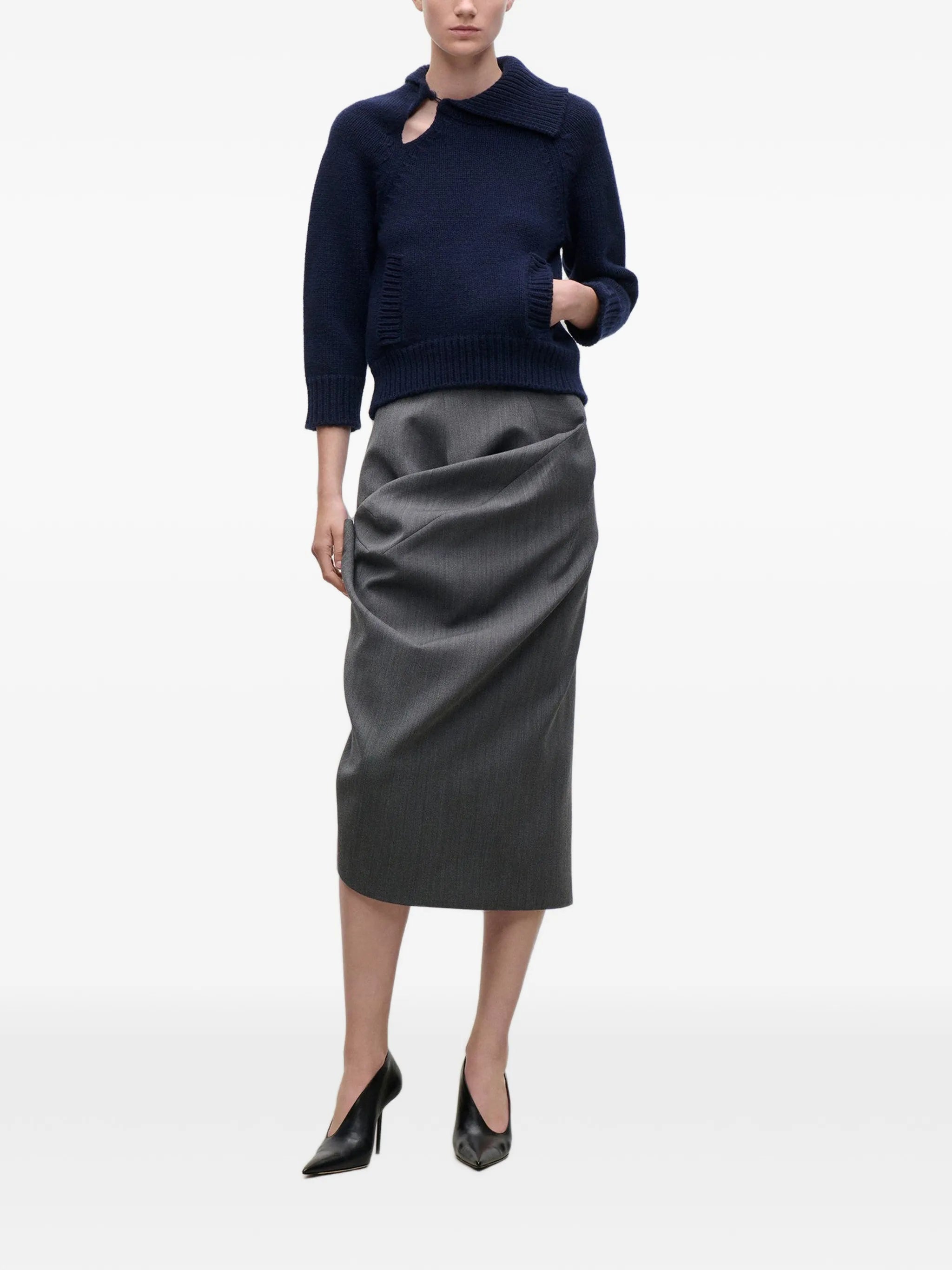asymmetric draped midi skirt