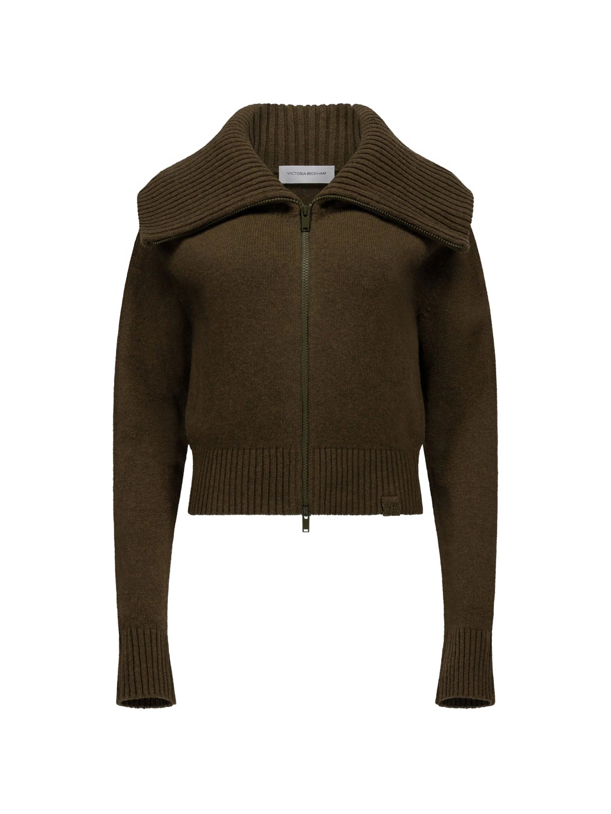 wide-collar zip-up cardigan