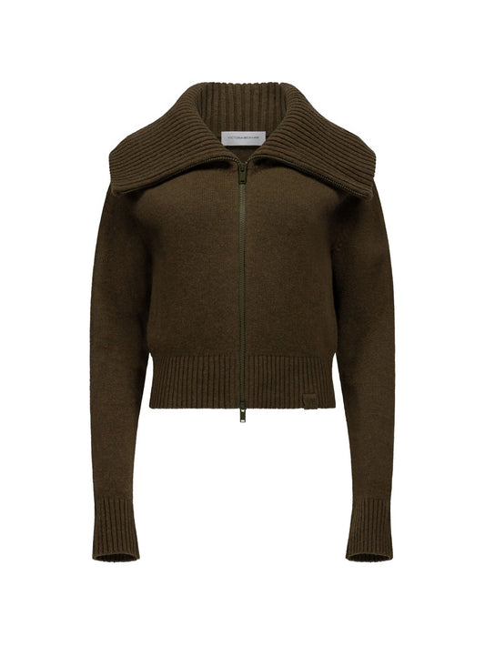 wide-collar zip-up cardigan