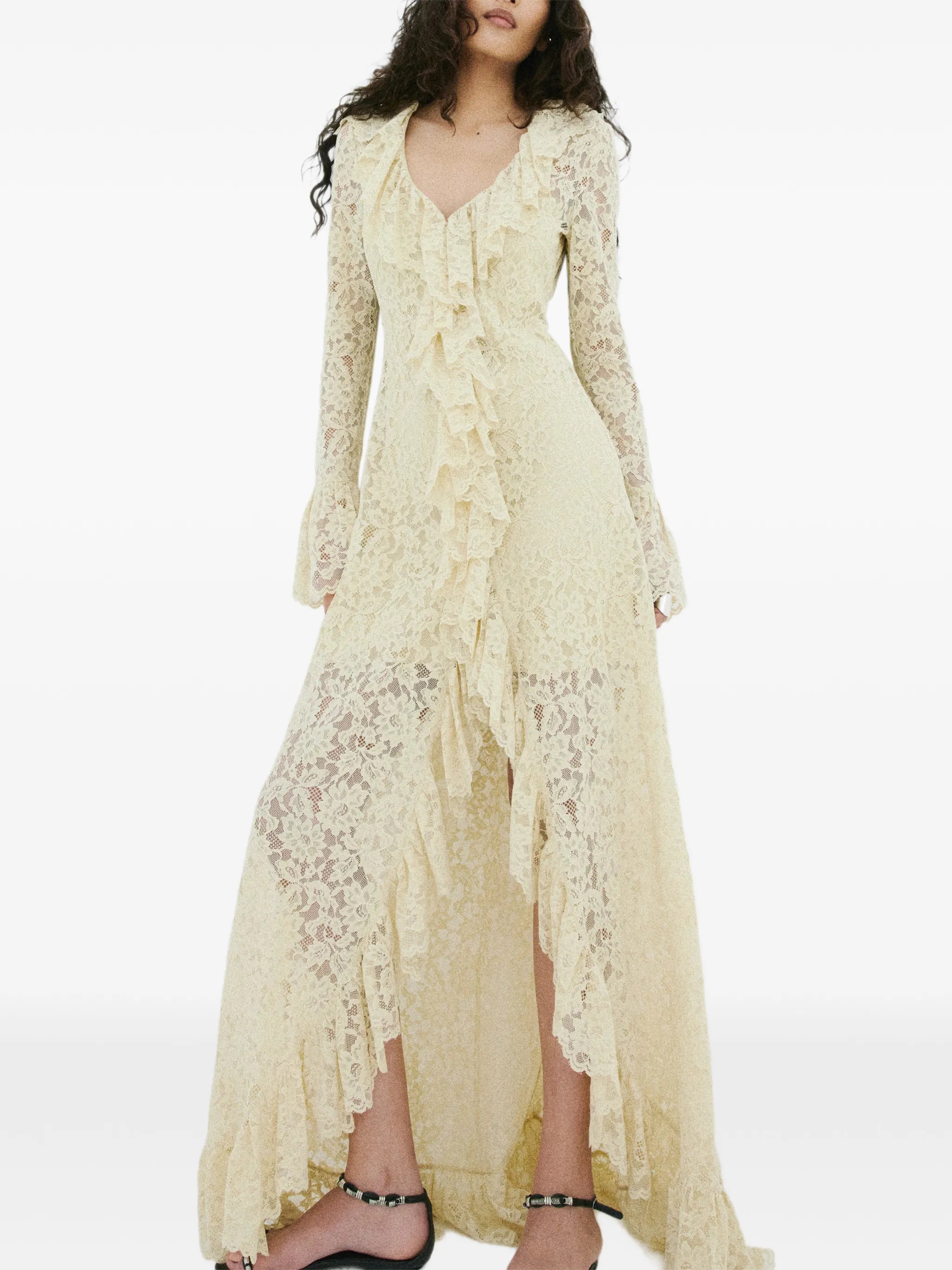 Celementina maxi dress in antique yellow nylon lace
